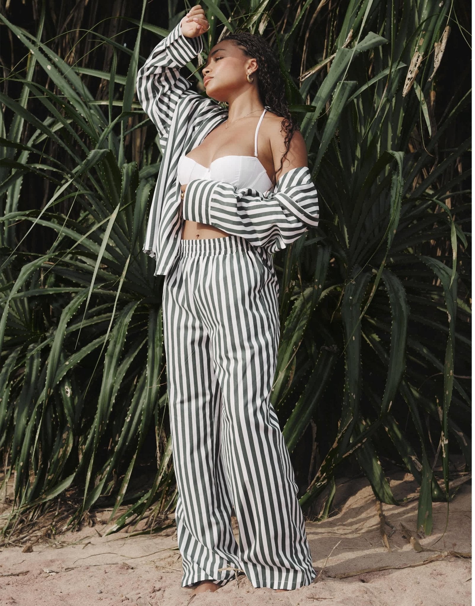 4th & Reckless x Loz Vassallo rio oversized stripe linen beach trouser co - ord in green - ASOS Sample Sale EU Store