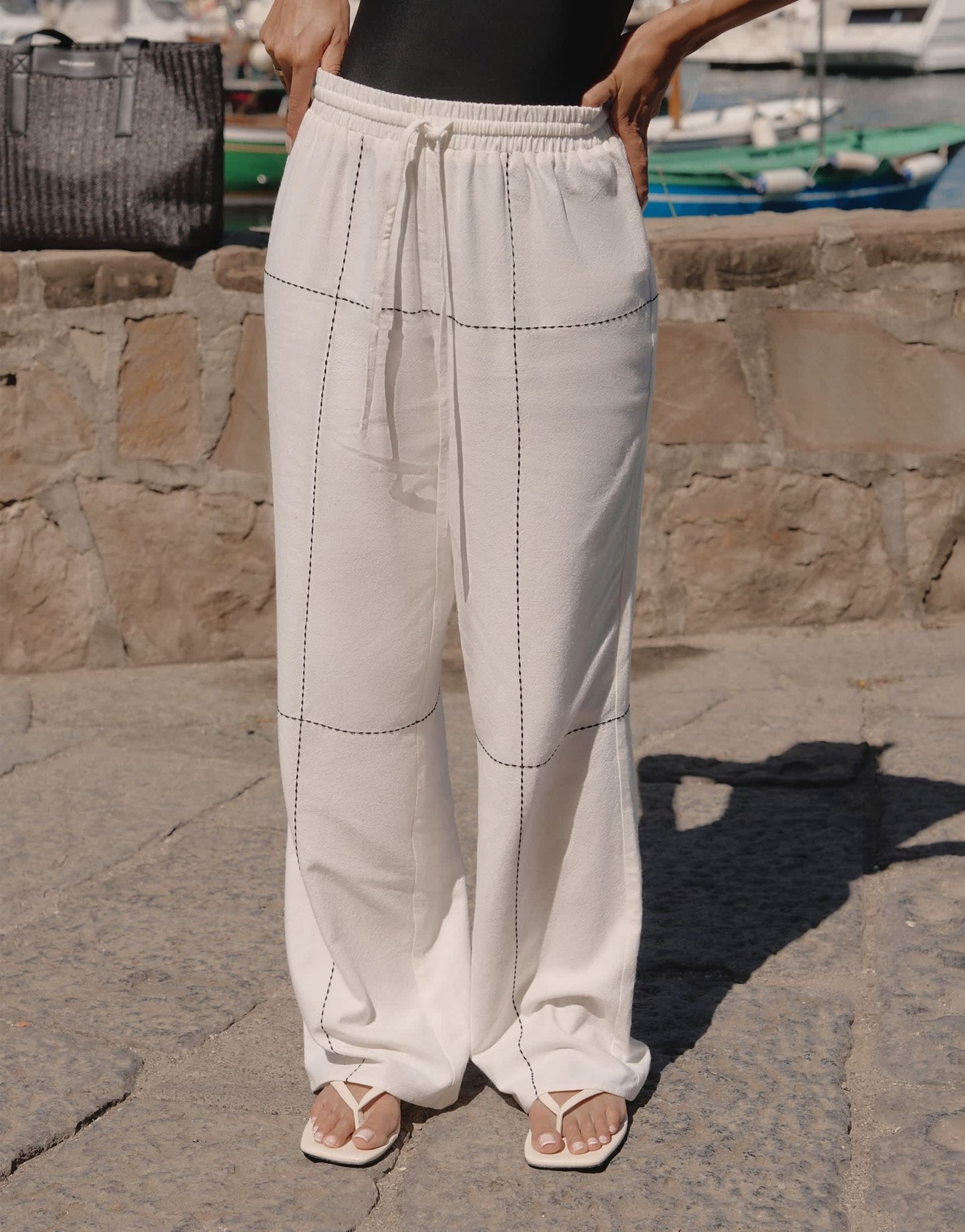 4th & Reckless x Luana Barron genevive black embroidery beach trouser co - ord in off white - ASOS Sample Sale EU Store
