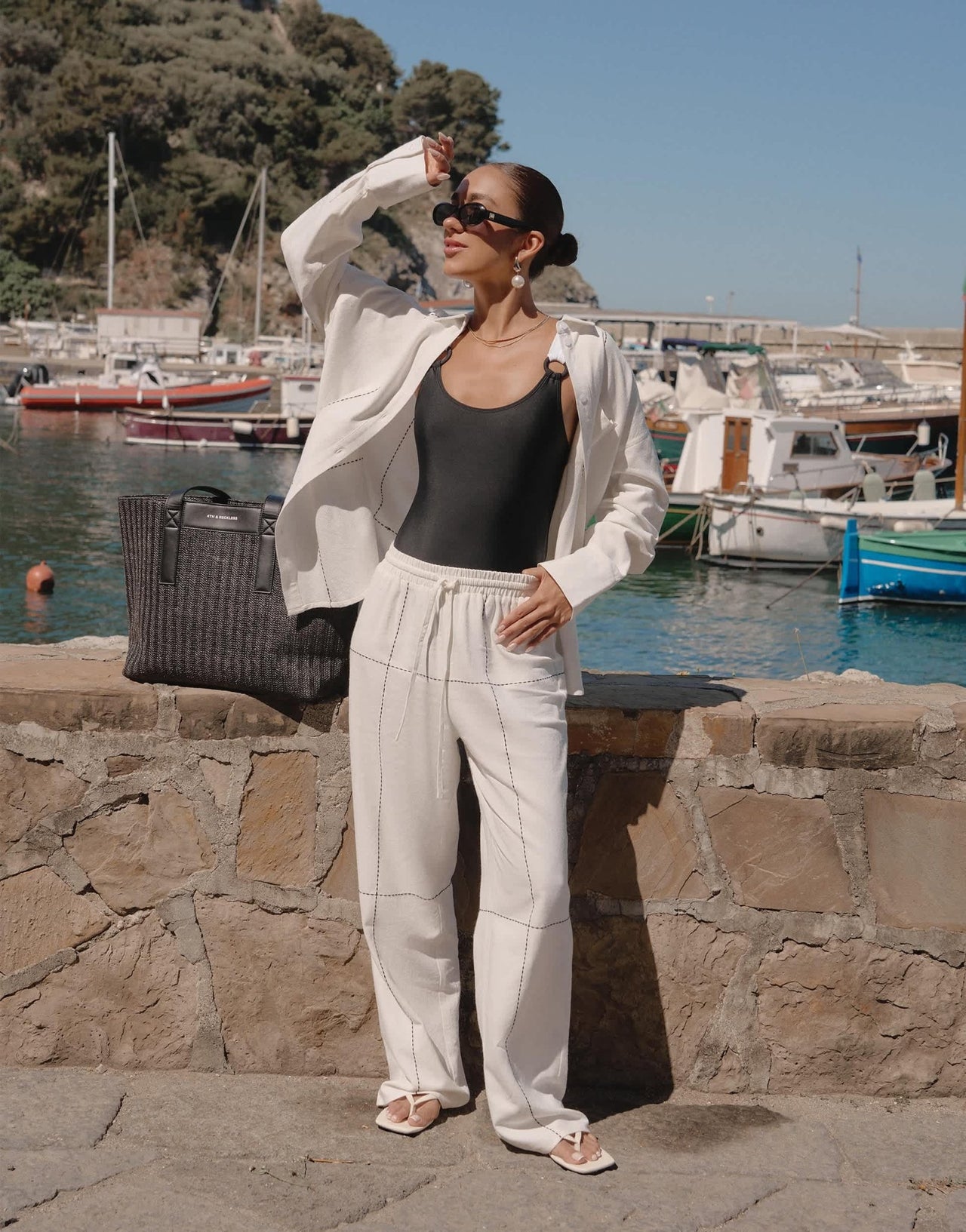 4th & Reckless x Luana Barron genevive black embroidery beach trouser co - ord in off white - ASOS Sample Sale EU Store
