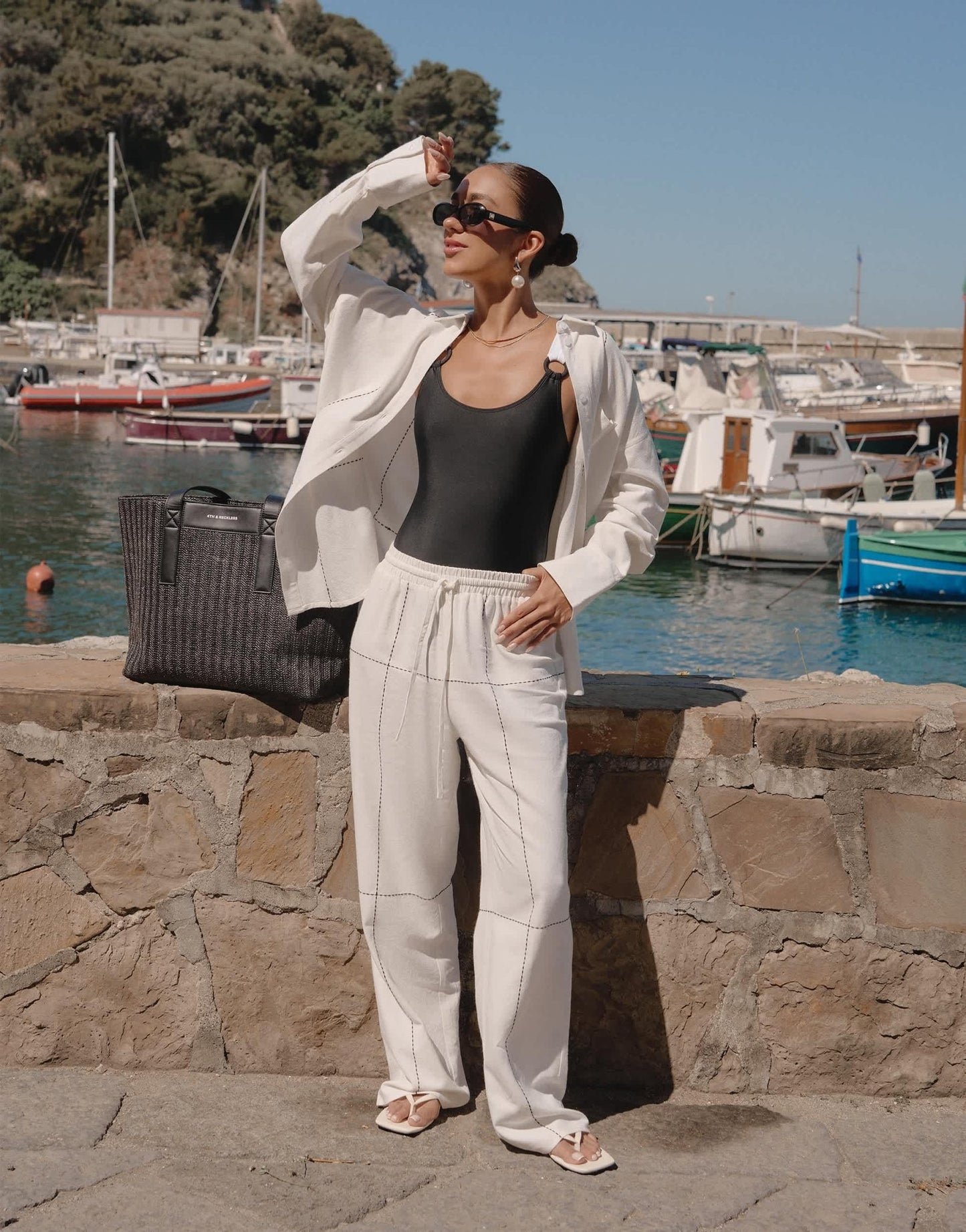 4th & Reckless x Luana Barron genevive black embroidery beach trouser co - ord in off white - ASOS Sample Sale EU Store