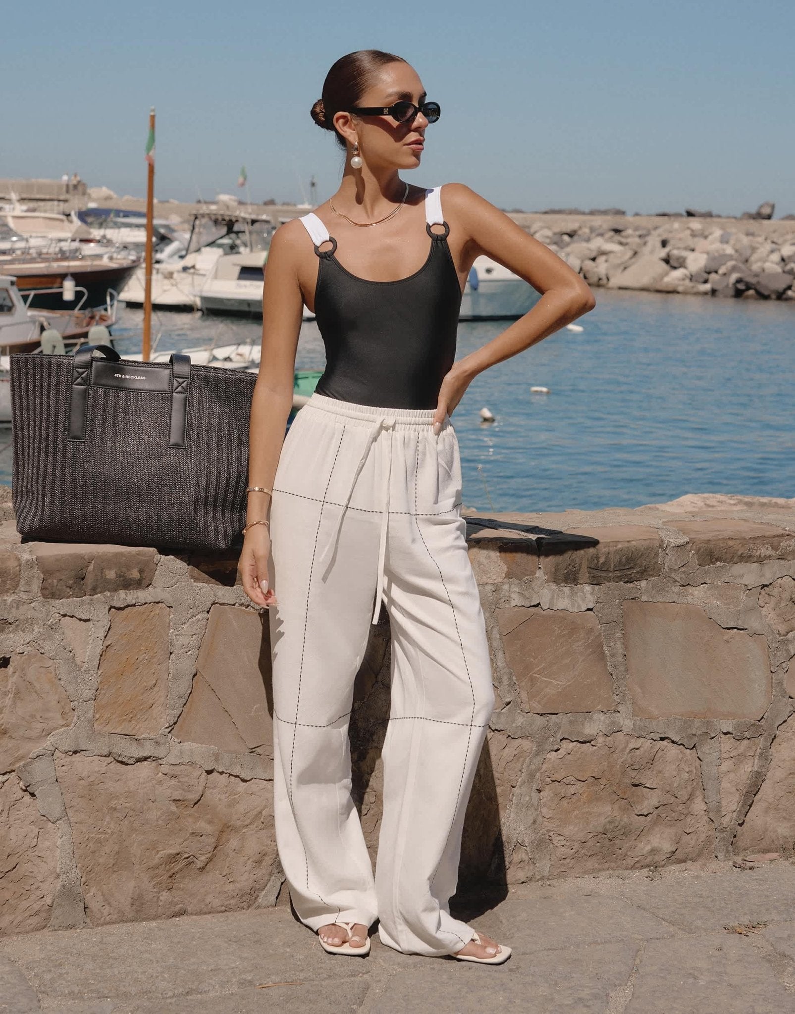 4th & Reckless x Luana Barron genevive black embroidery beach trouser co - ord in off white - ASOS Sample Sale EU Store