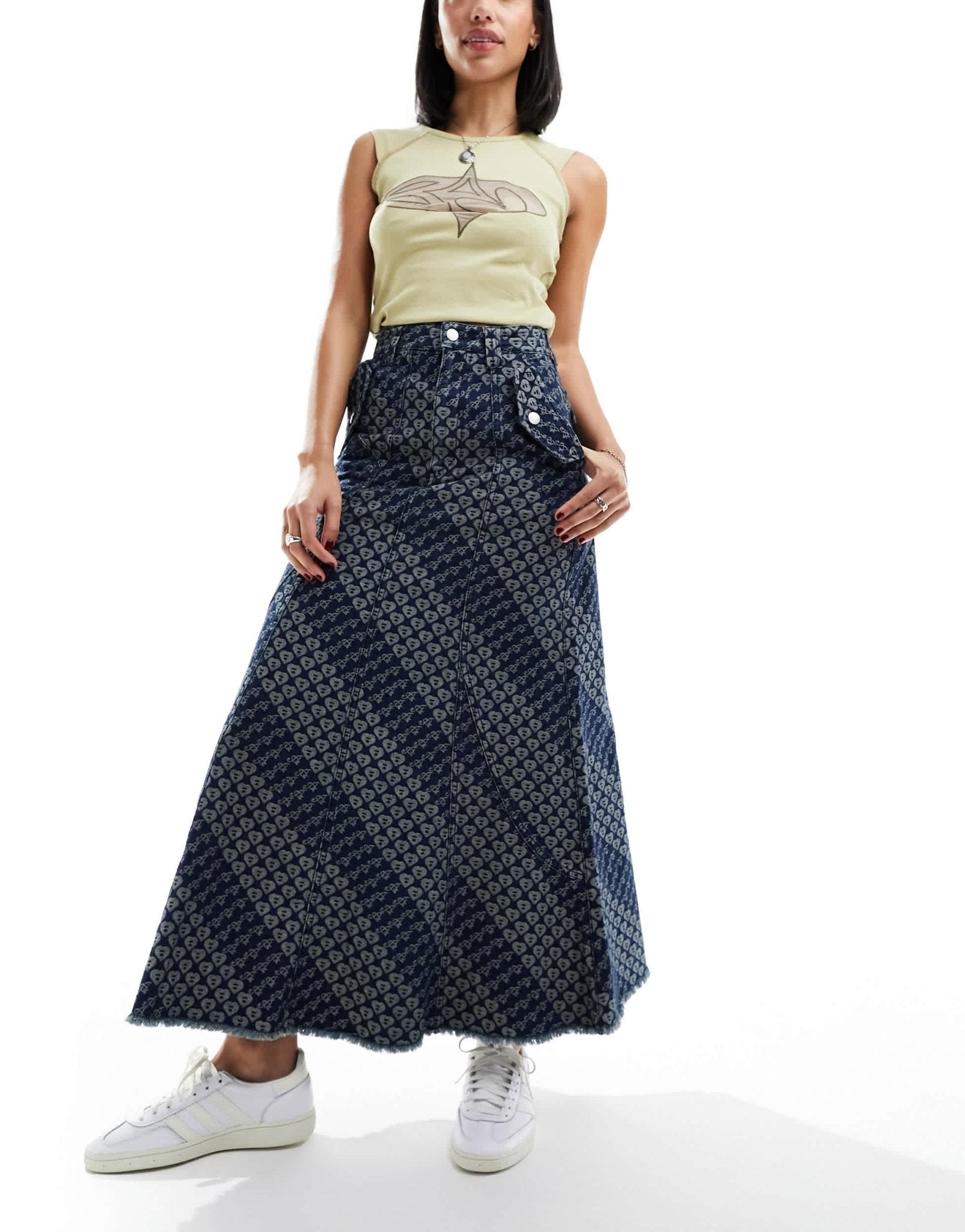 Aape by A Bathing Ape logo monogram denim maxi skirt in mid wash - ASOS Sample Sale EU Store