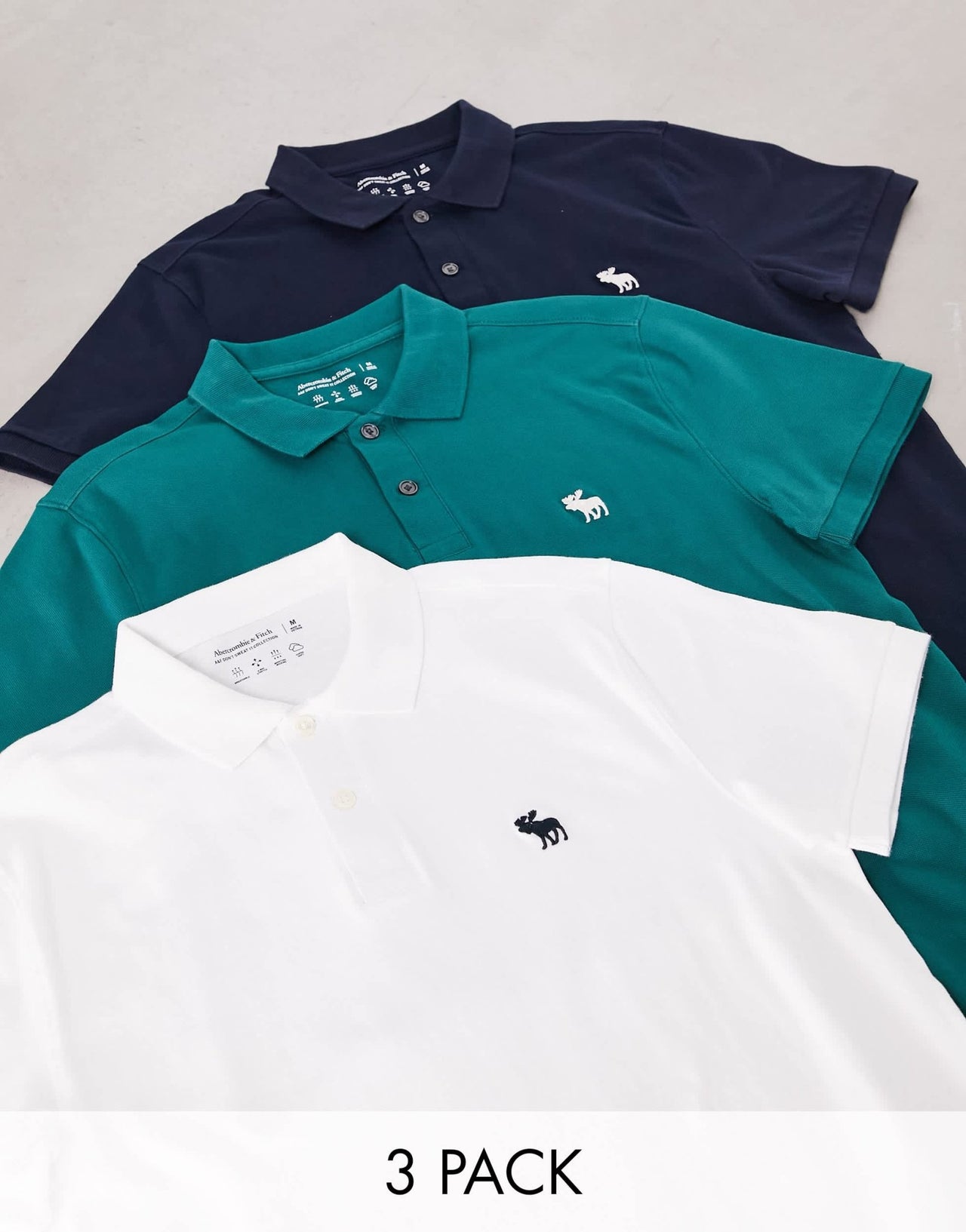 Abercrombie & Fitch 3 pack icon logo pique polo in white/green/navy - ASOS Sample Sale EU Store