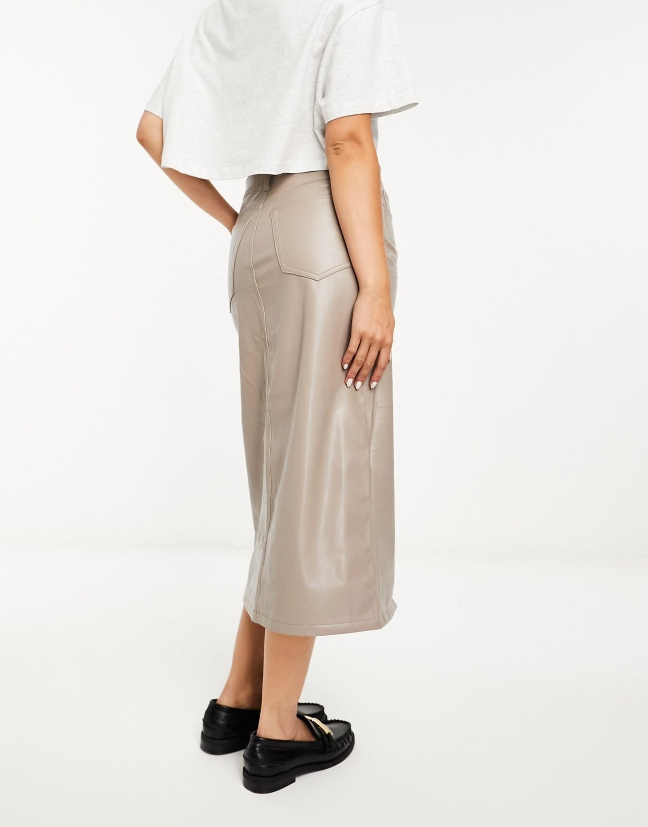 Abercrombie & Fitch 5 pocket faux leather pencil midi skirt in mushroom - ASOS Sample Sale EU Store