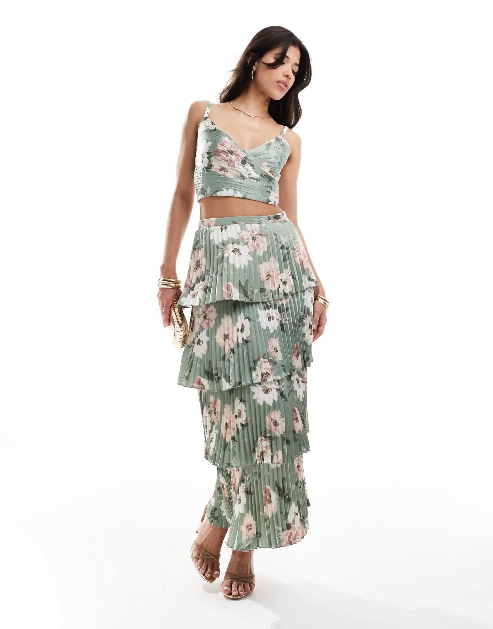 Abercrombie & Fitch co - ord tiered floral print satin maxi skirt in green - ASOS Sample Sale EU Store