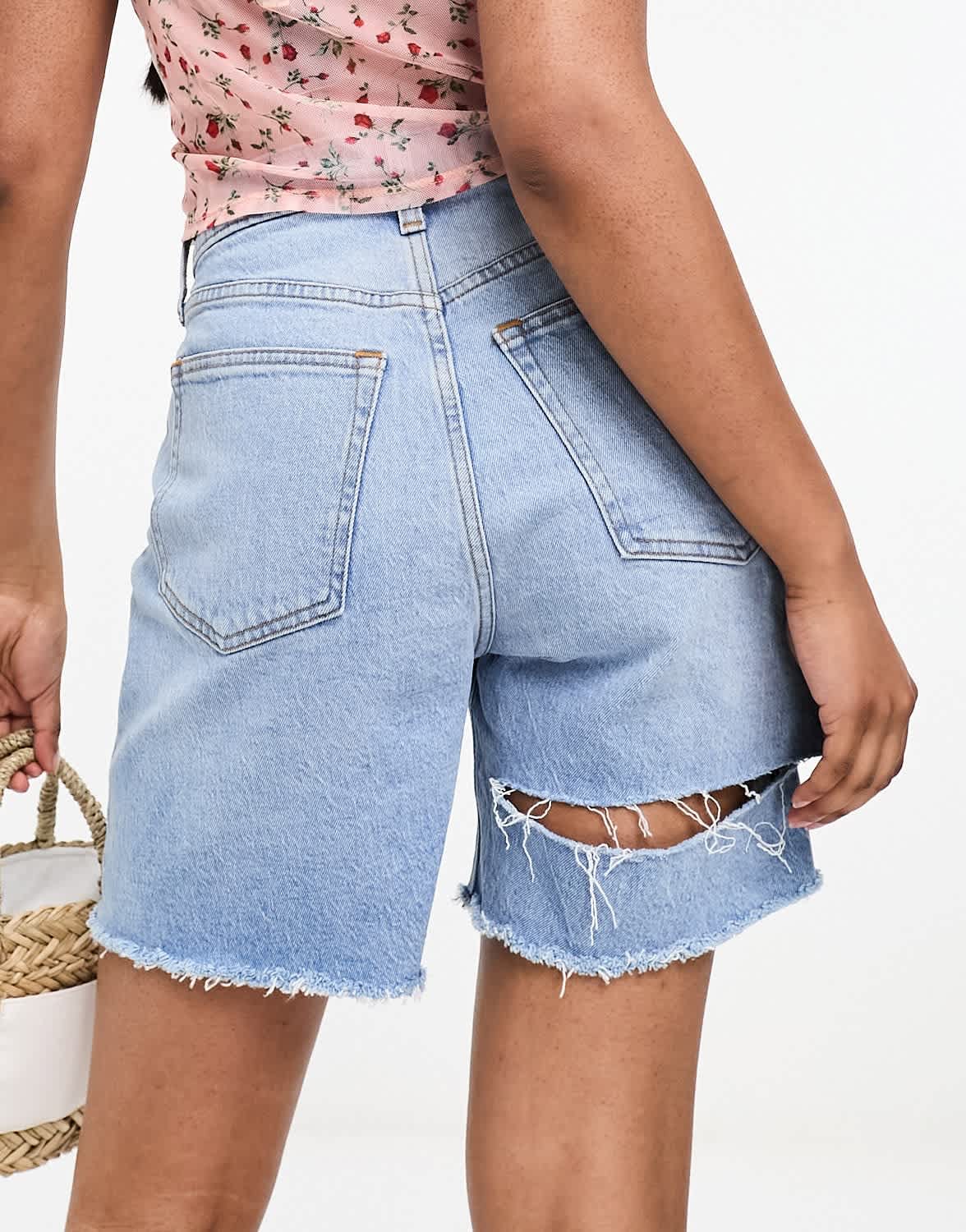 Abercrombie & Fitch curve love dad fit denim short with back destroy detail in mid blue - ASOS Sample Sale EU Store