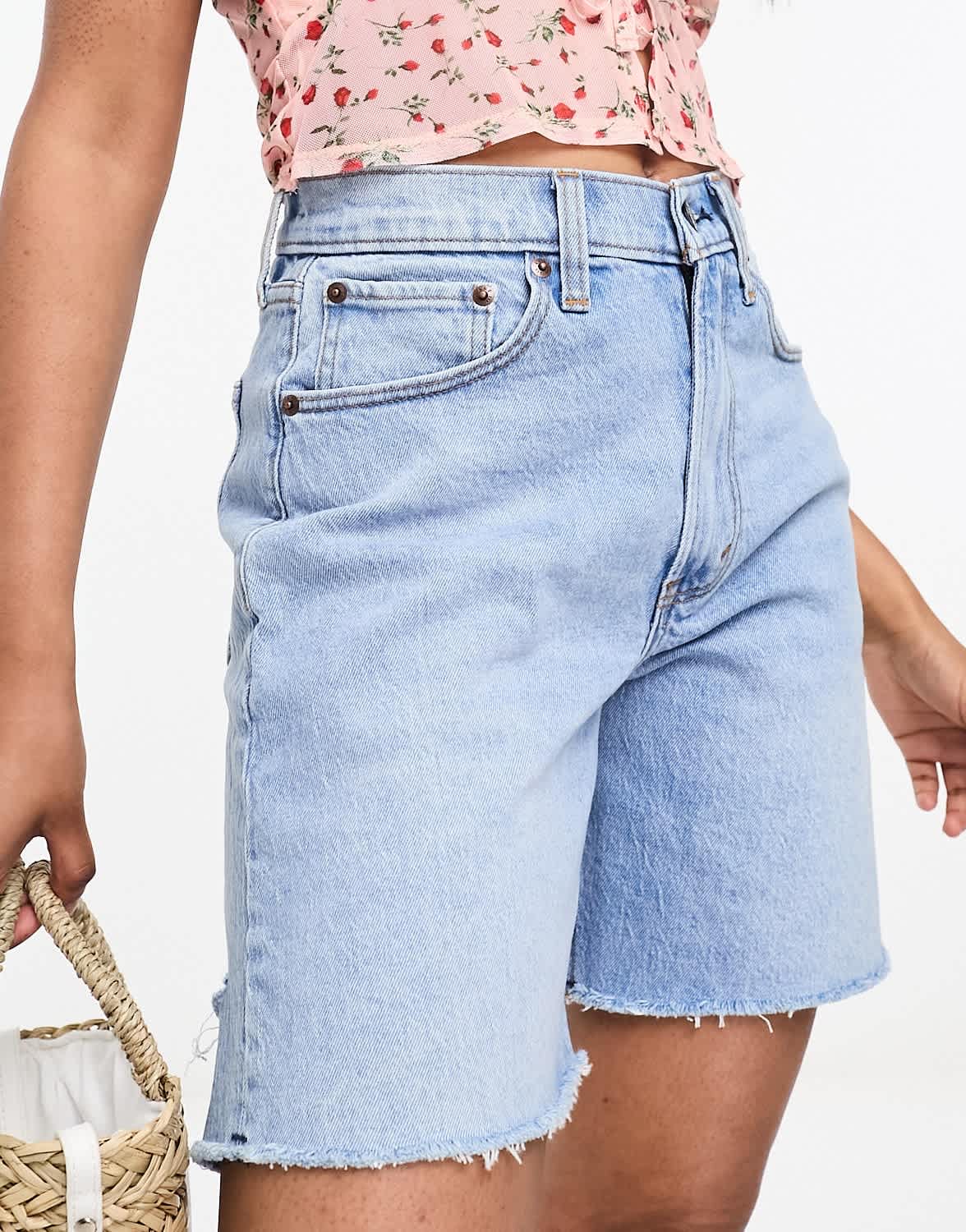 Abercrombie & Fitch curve love dad fit denim short with back destroy detail in mid blue - ASOS Sample Sale EU Store