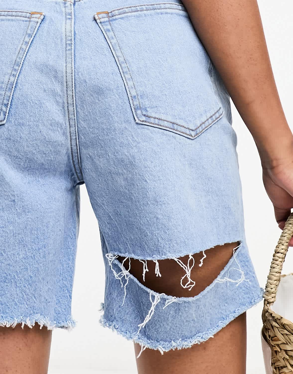 Abercrombie & Fitch curve love dad fit denim short with back destroy detail in mid blue - ASOS Sample Sale EU Store