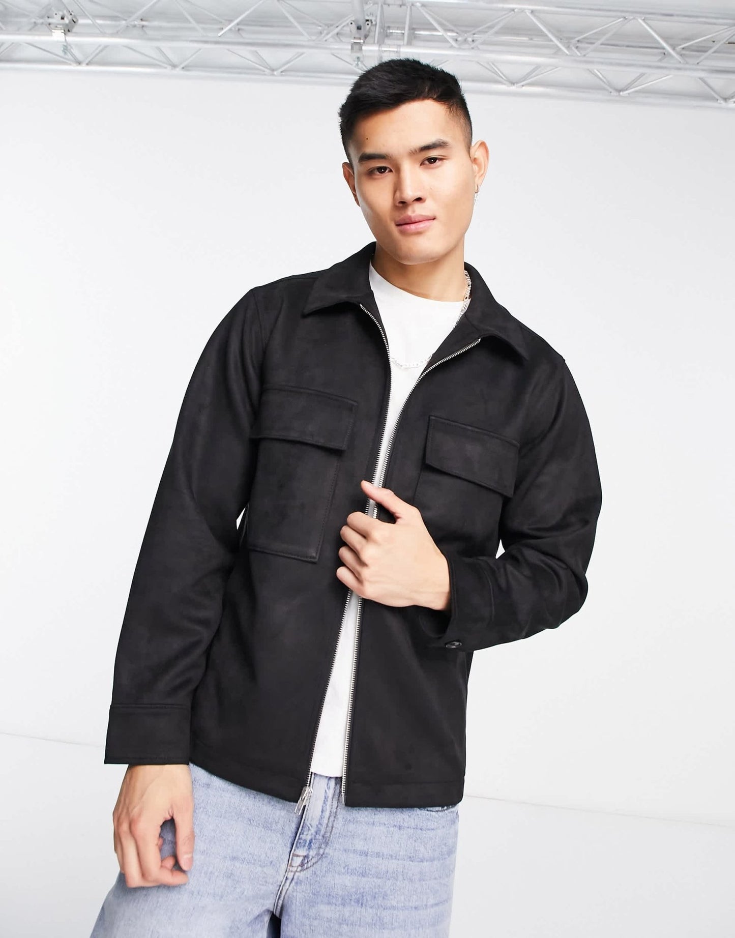 Abercrombie & Fitch faux suede zip front shirt jacket in black - ASOS Sample Sale EU Store