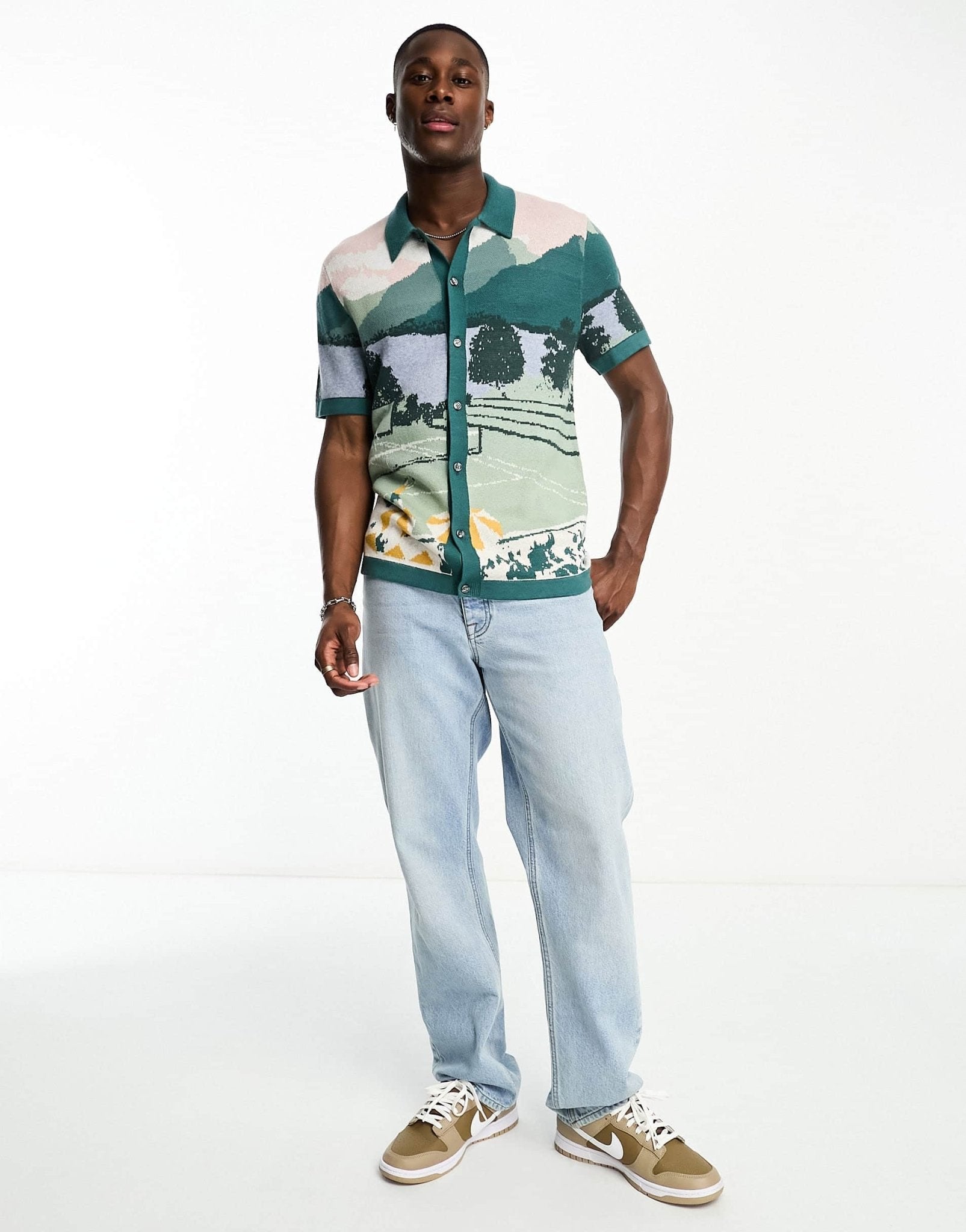 Abercrombie & Fitch getaway scenic print button through knit polo in green - ASOS Sample Sale EU Store