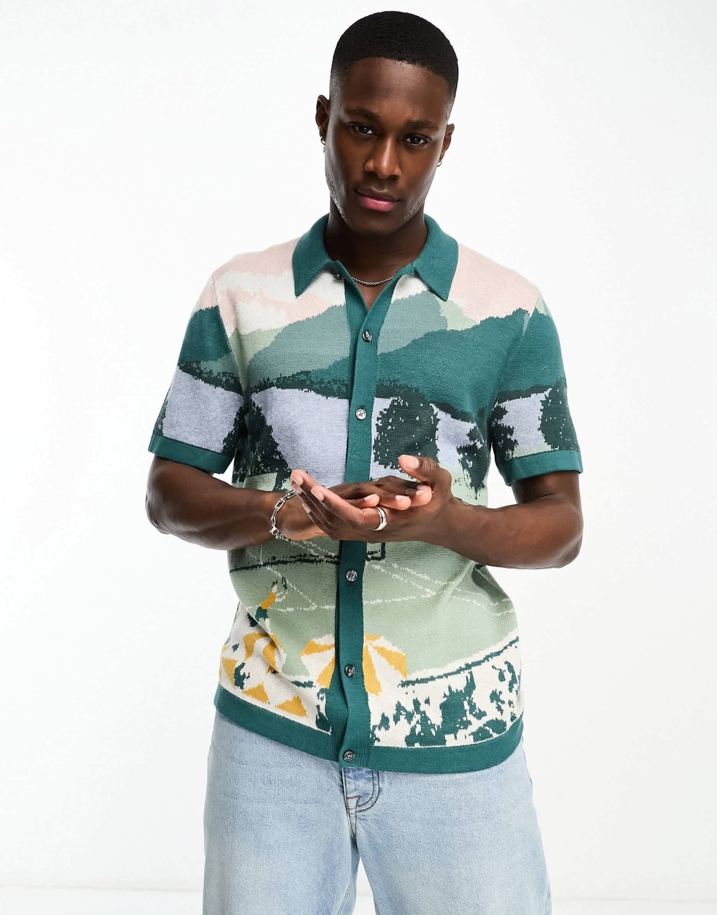 Abercrombie & Fitch getaway scenic print button through knit polo in green - ASOS Sample Sale EU Store
