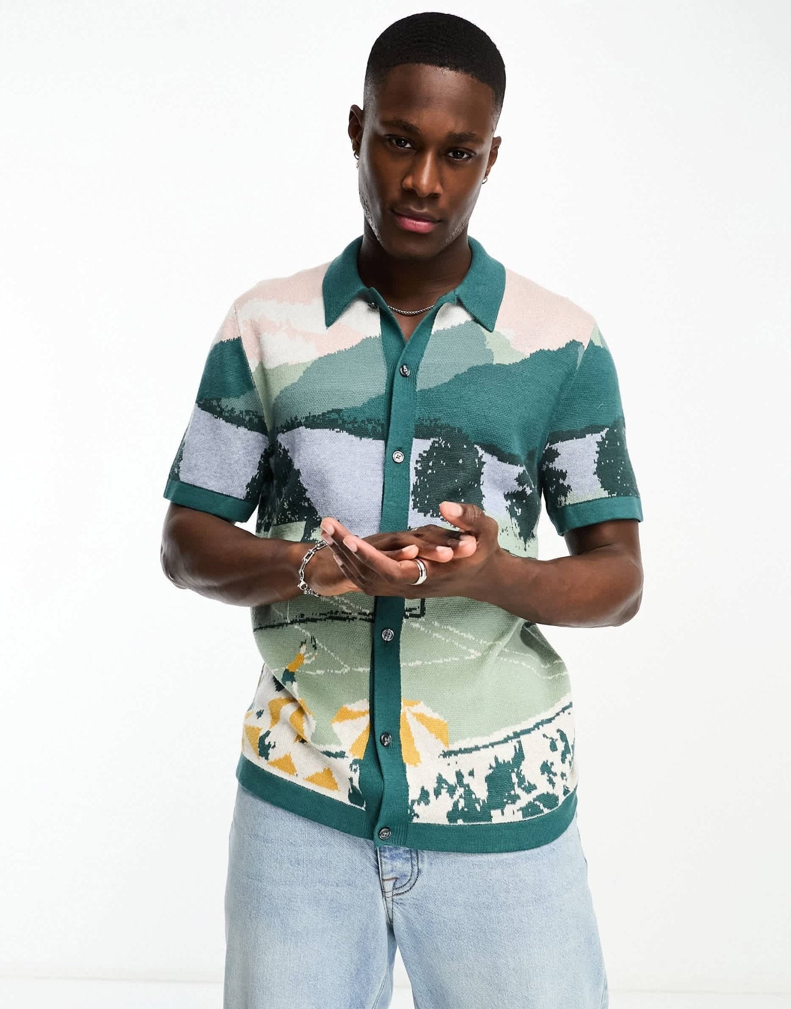 Abercrombie & Fitch getaway scenic print button through knit polo in green - ASOS Sample Sale EU Store