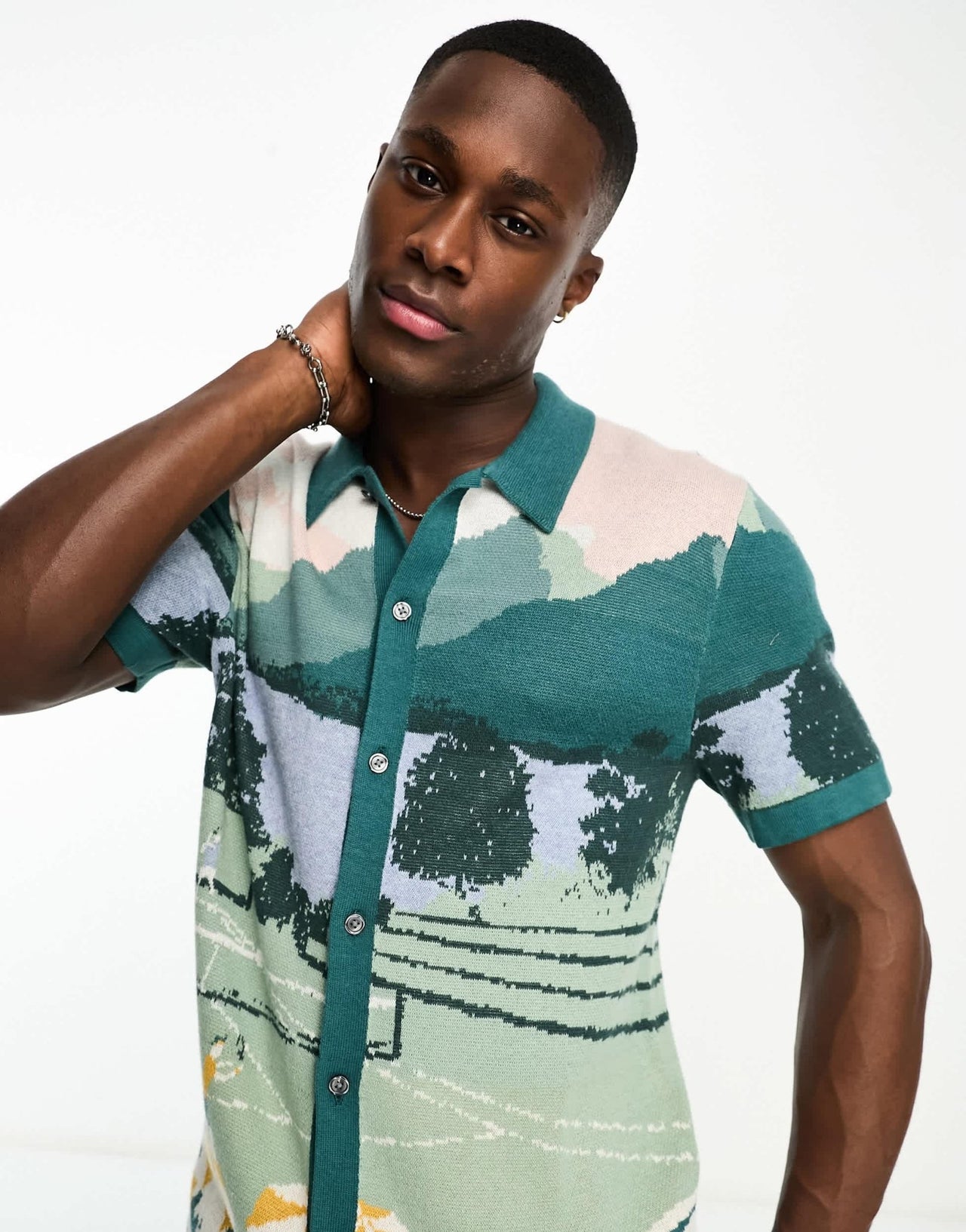 Abercrombie & Fitch getaway scenic print button through knit polo in green - ASOS Sample Sale EU Store