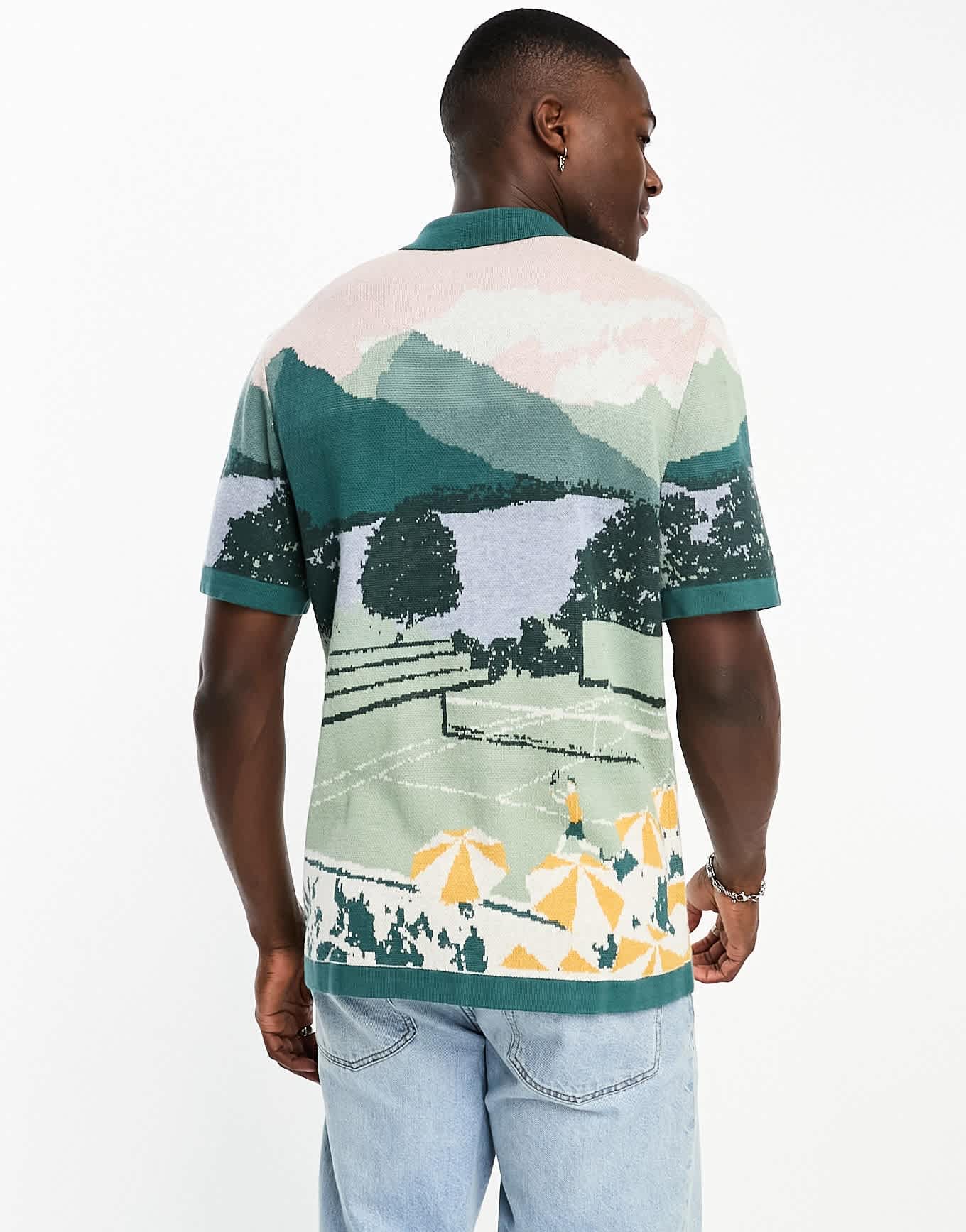 Abercrombie & Fitch getaway scenic print button through knit polo in green - ASOS Sample Sale EU Store