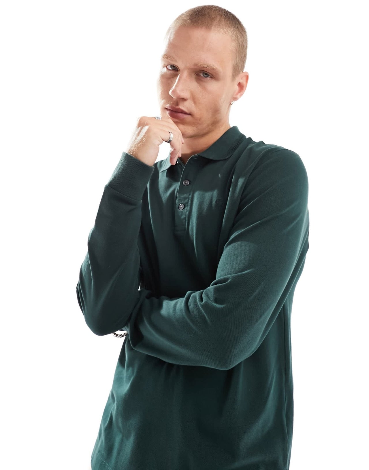 Abercrombie & Fitch icon logo tipped long sleeve pique polo in dark green - ASOS Sample Sale EU Store