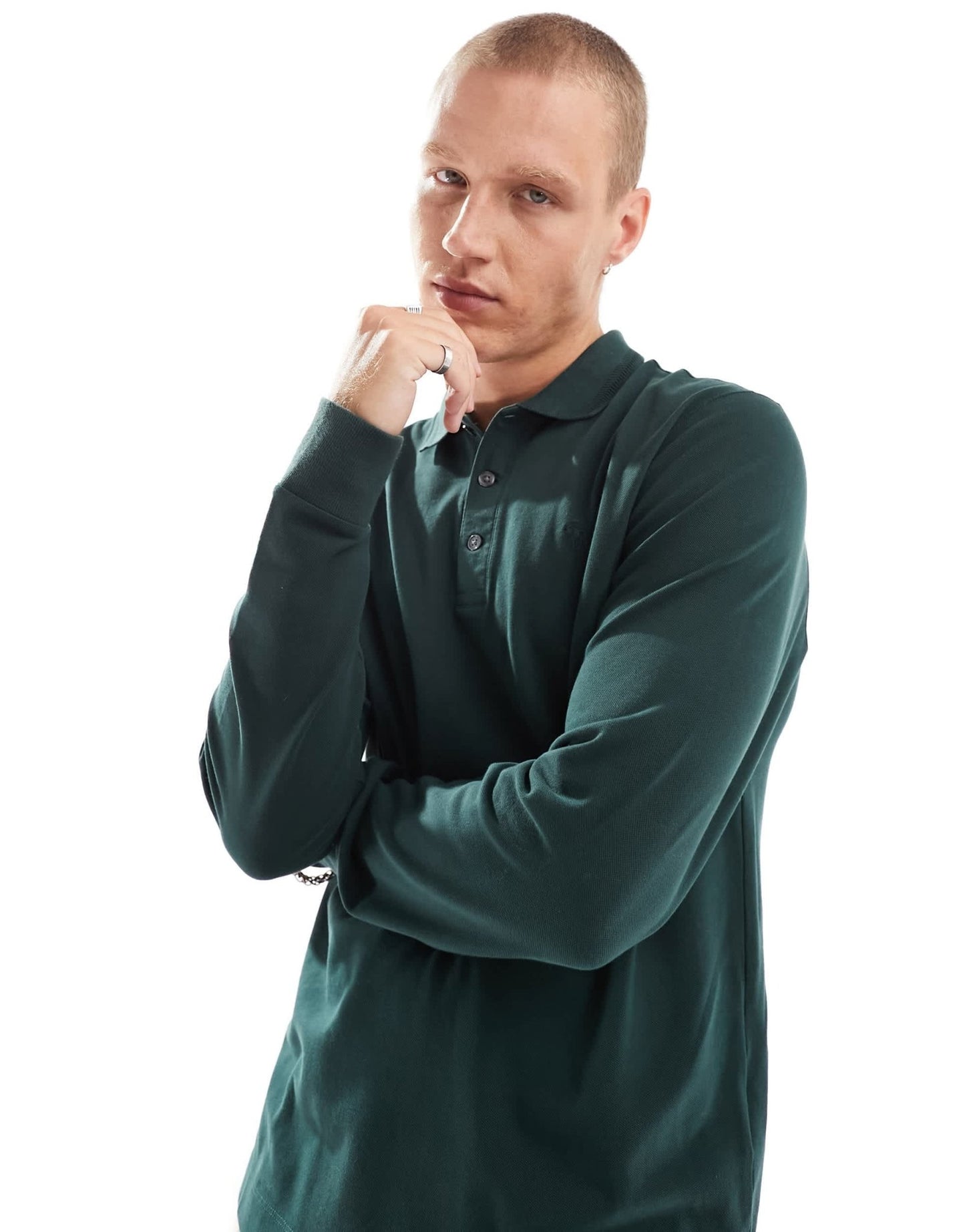 Abercrombie & Fitch icon logo tipped long sleeve pique polo in dark green - ASOS Sample Sale EU Store