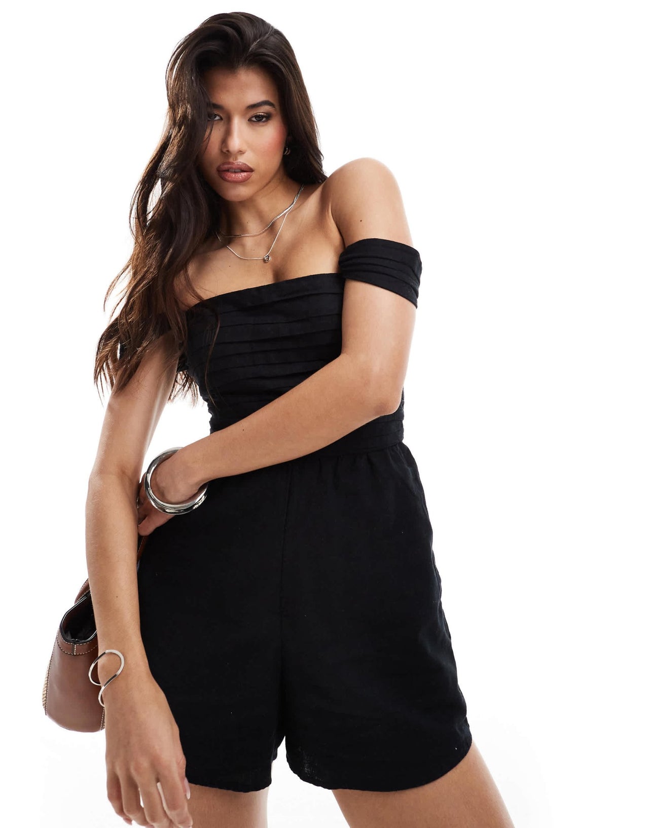 Abercrombie & Fitch linen blend off the shoulder playsuit in black - ASOS Sample Sale EU Store