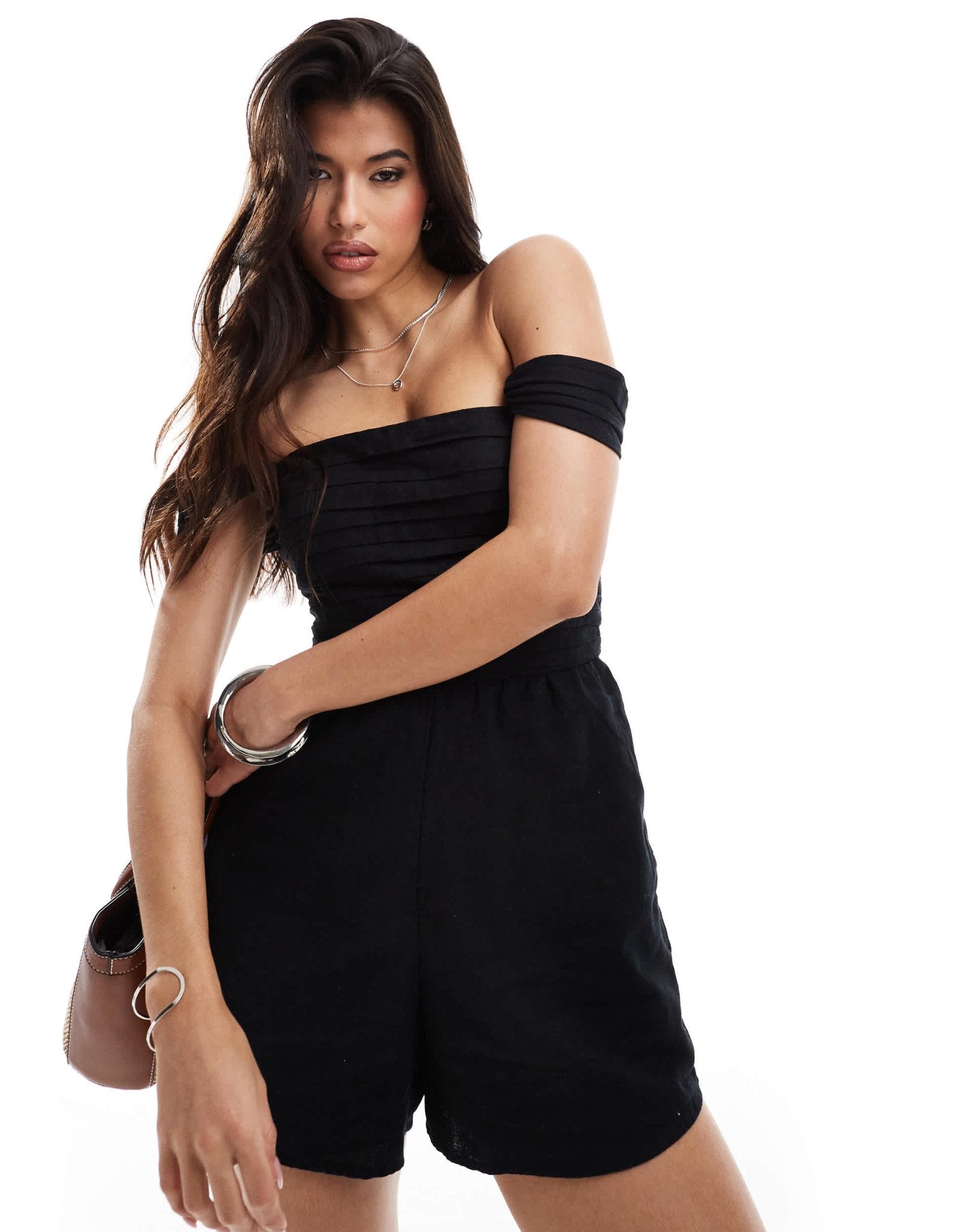 Abercrombie & Fitch linen blend off the shoulder playsuit in black - ASOS Sample Sale EU Store