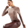Abercrombie & Fitch mock neck long sleeve top in brown with side ruching