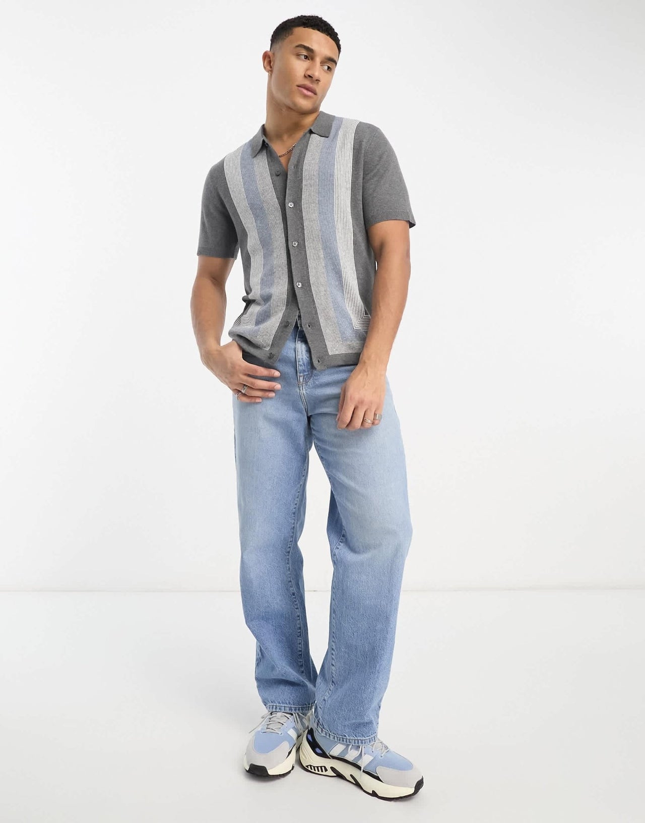 Abercrombie & Fitch modern classic pattern border buttonthrough knit polo in grey - ASOS Sample Sale EU Store