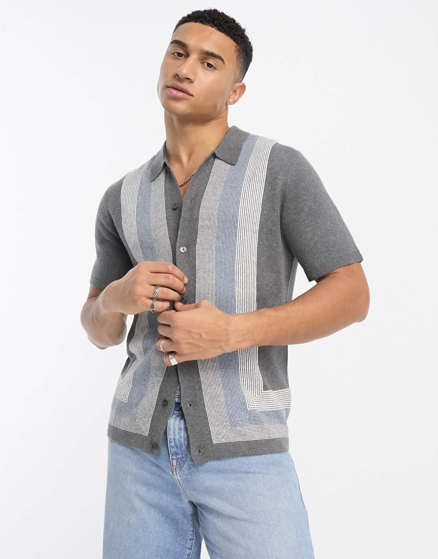 Abercrombie & Fitch modern classic pattern border buttonthrough knit polo in grey - ASOS Sample Sale EU Store