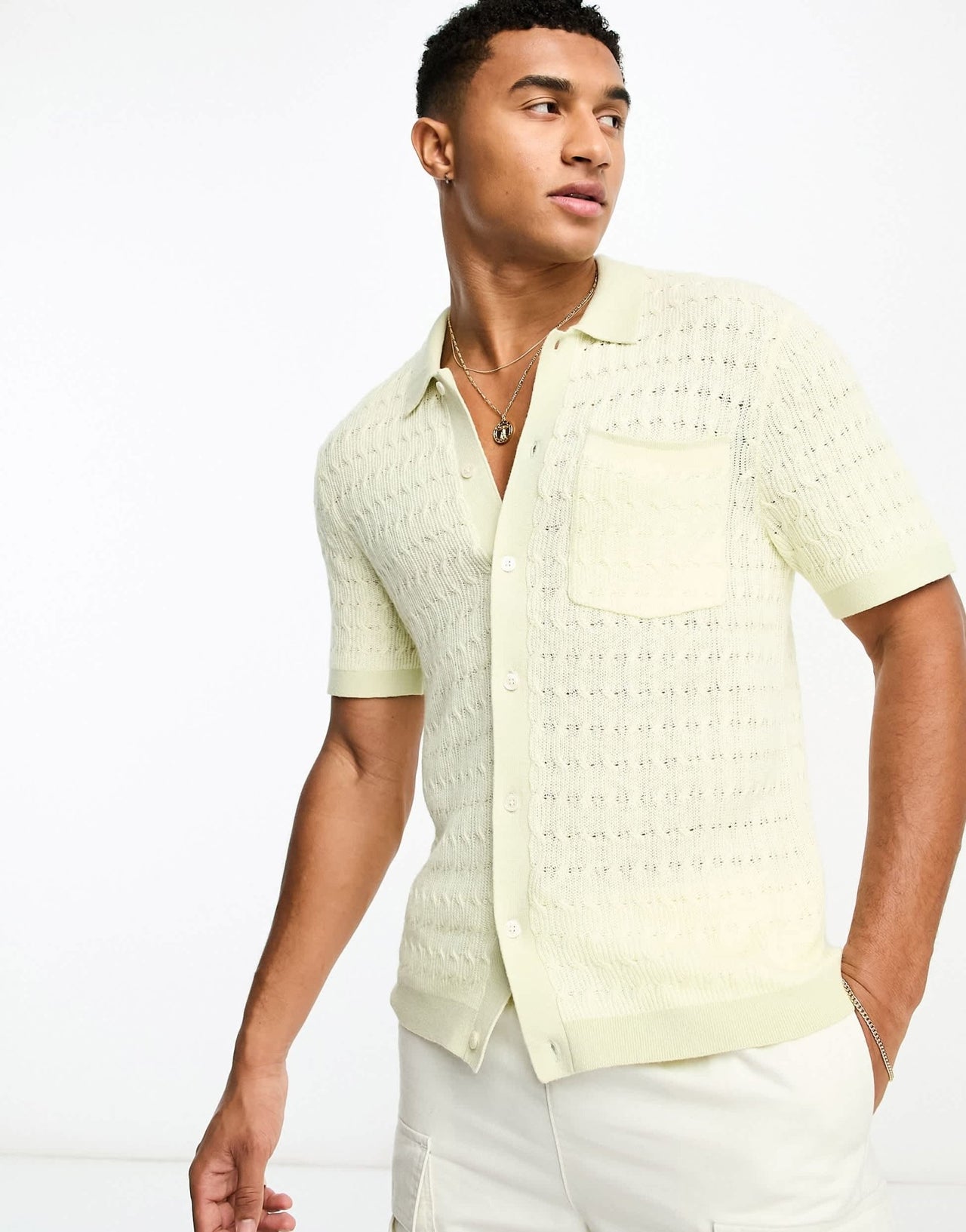 Abercrombie & Fitch open knit polo shirt with tipping in yellow/green - ASOS Sample Sale EU Store