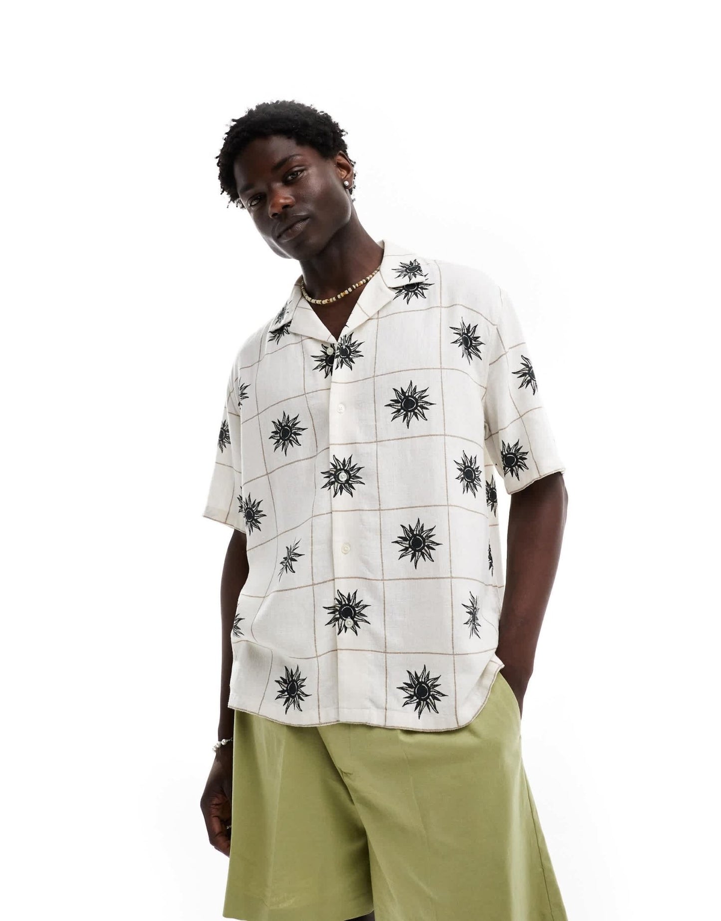 Abercrombie & Fitch square embroided linen blend short sleeve shirt relaxed fit in white - ASOS Sample Sale EU Store