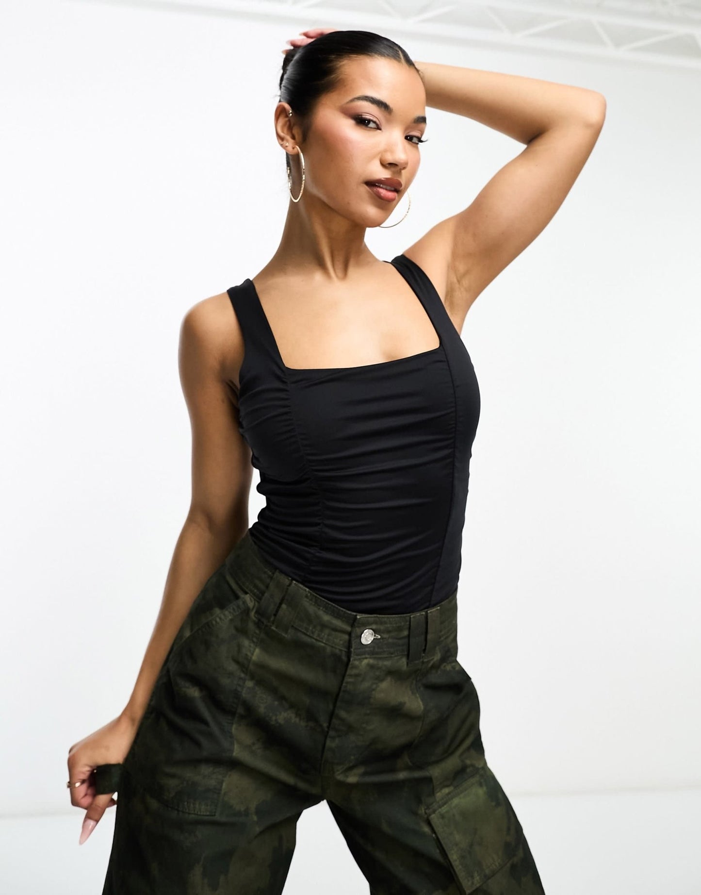 Abercrombie & Fitch square neck ruched bodysuit in black - ASOS Sample Sale EU Store