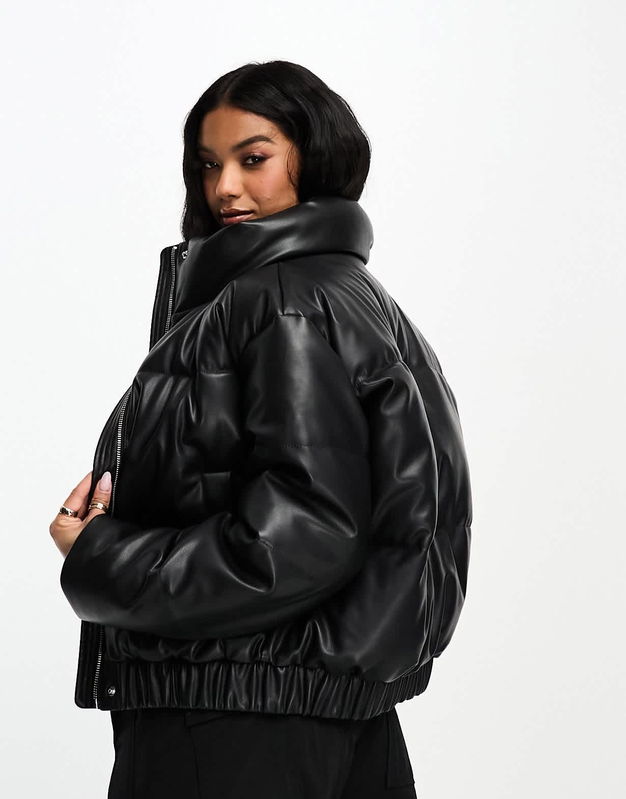 Abercrombie & Fitch ultra mini faux leather puffer jacket in black - ASOS Sample Sale EU Store