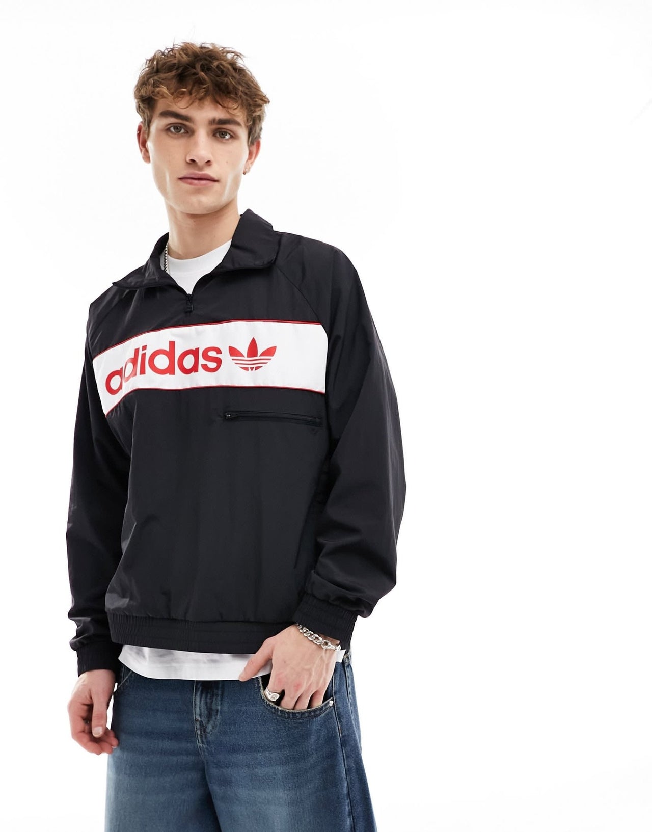 adidas Originals linear logo half zip sweatshirt in black, white and red - ASOS Sample Sale EU Store