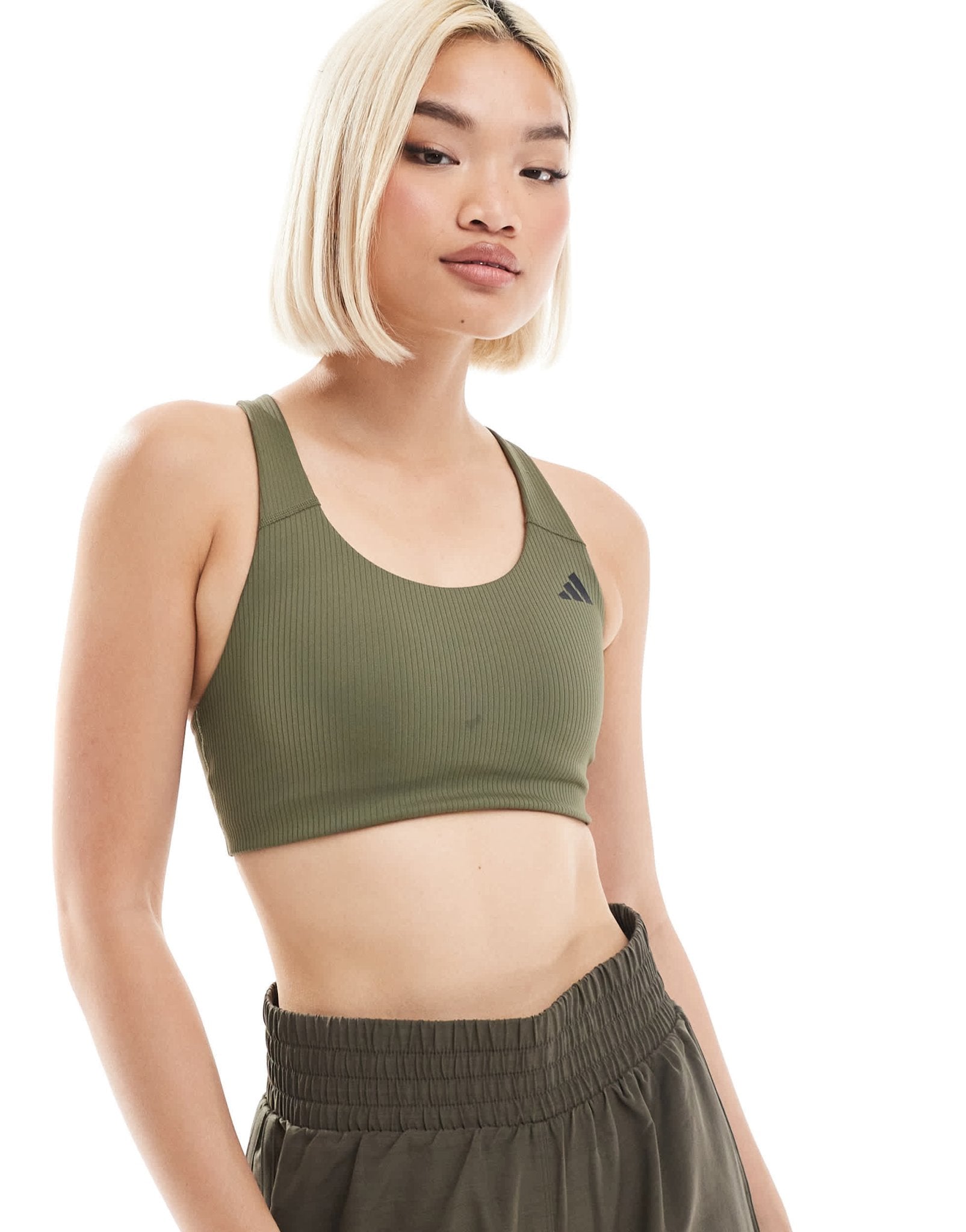 adidas Training D4T medium support rib sports bra in olive green - ASOS Sample Sale EU Store