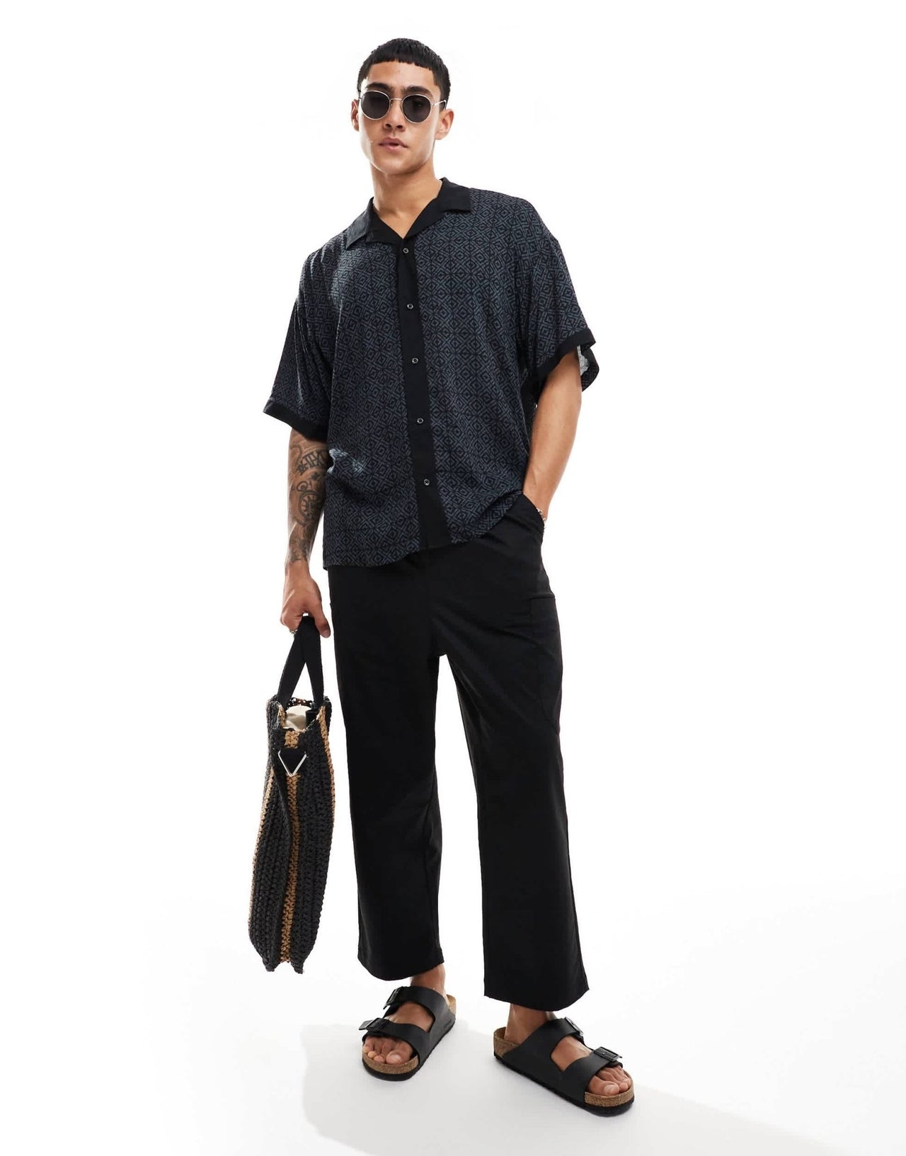 ADPT oversized revere collar shirt with boarder print in grey - ASOS Sample Sale EU Store