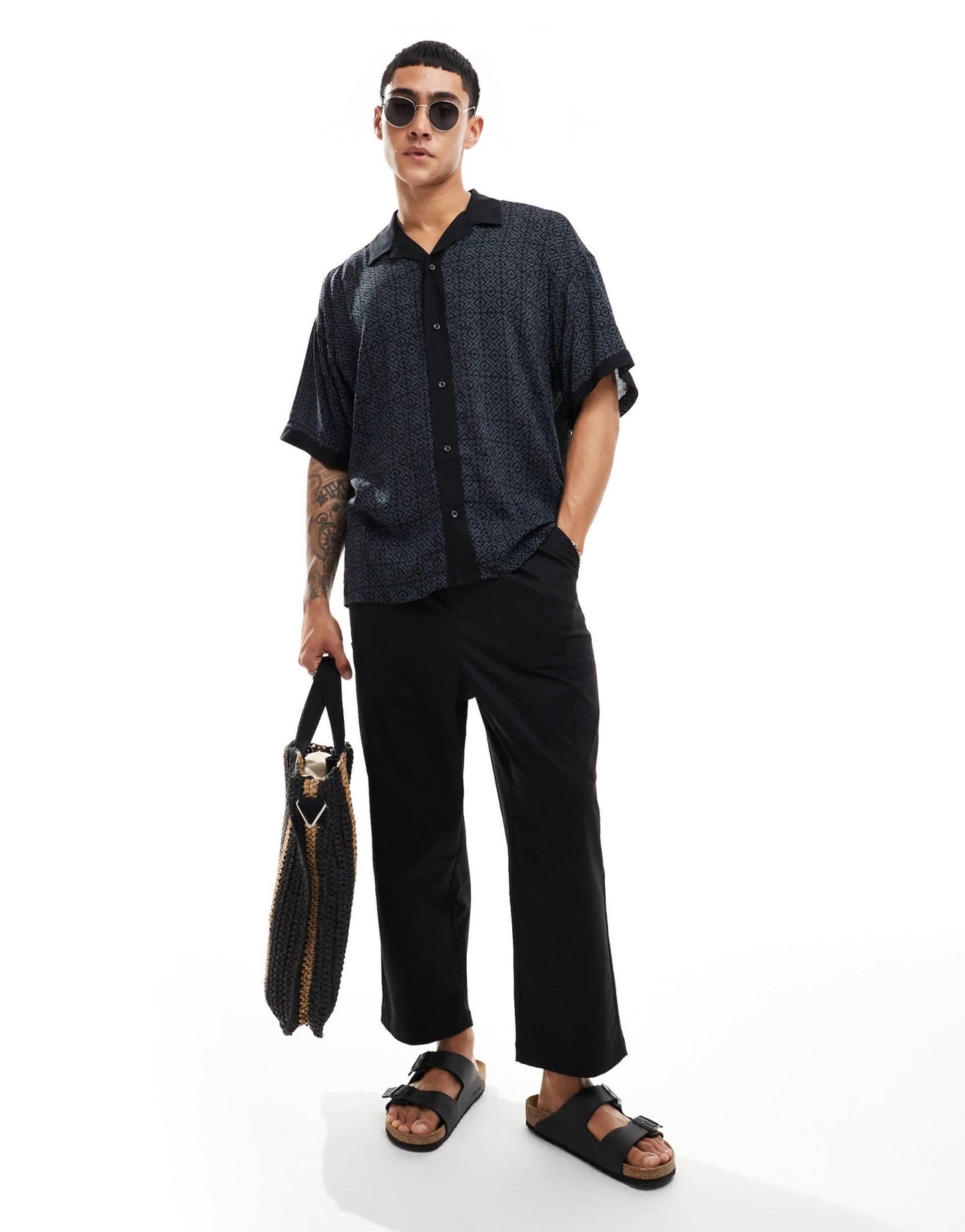 ADPT oversized revere collar shirt with boarder print in grey - ASOS Sample Sale EU Store
