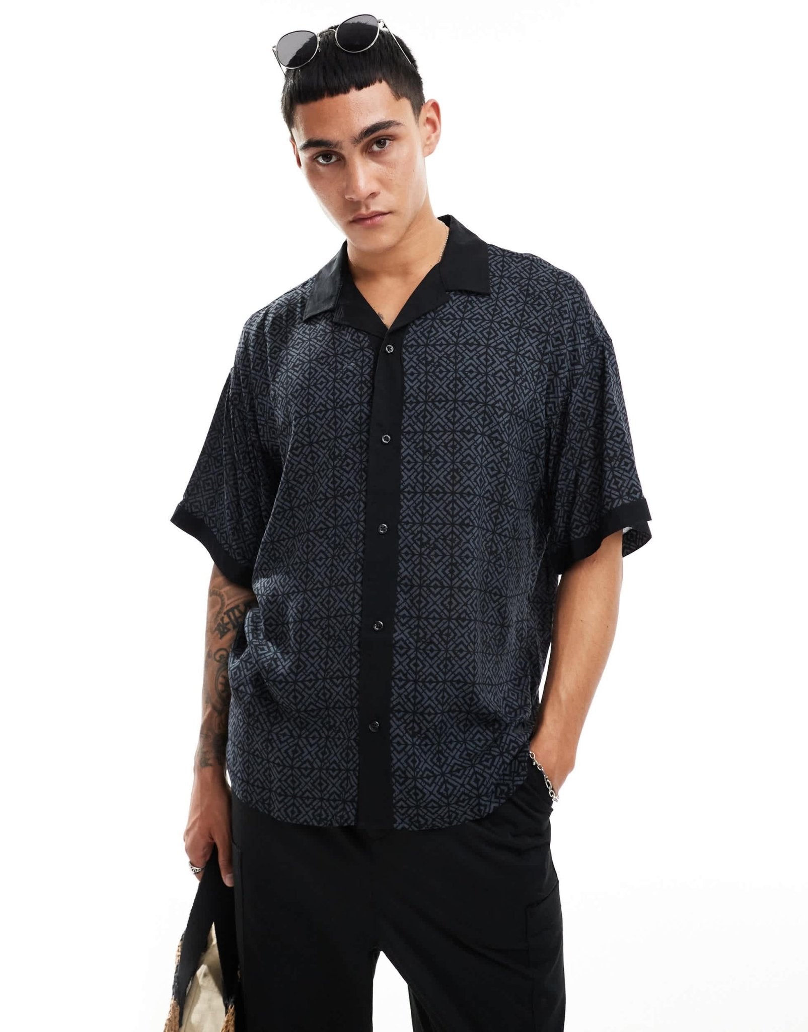 ADPT oversized revere collar shirt with boarder print in grey - ASOS Sample Sale EU Store