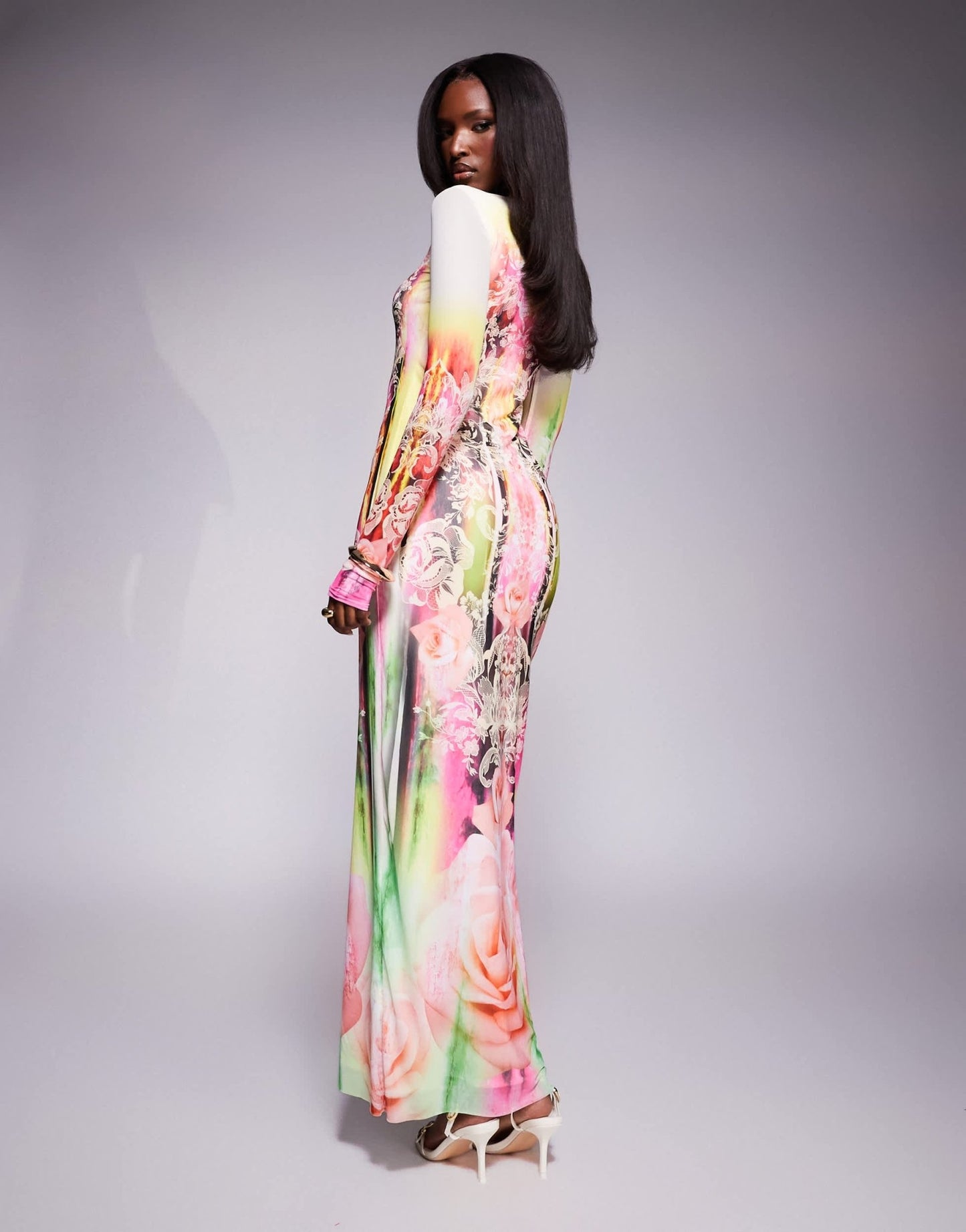 AFRM Didi long sleeve mesh midi dress in grunge lace print - ASOS Sample Sale EU Store