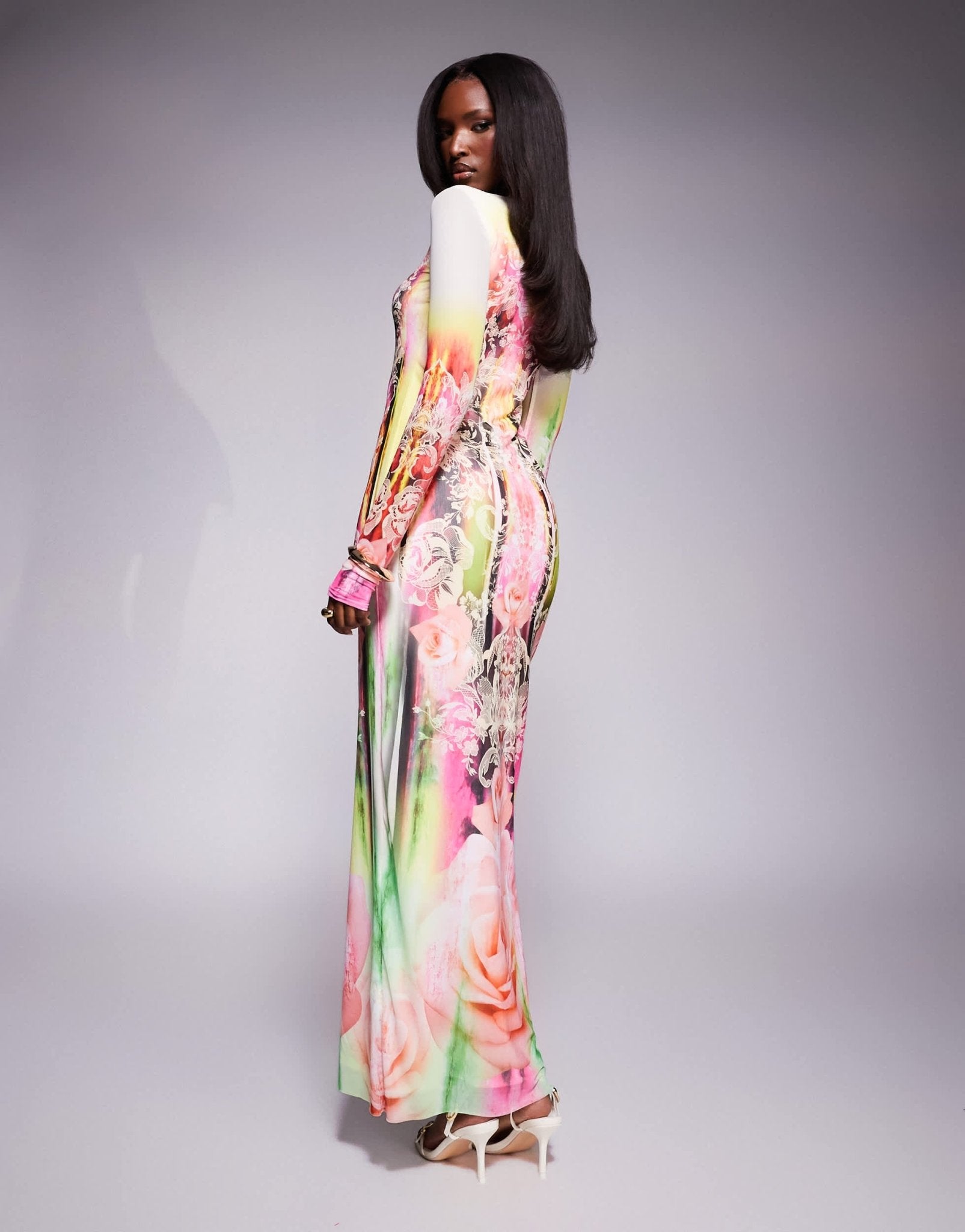 AFRM Didi long sleeve mesh midi dress in grunge lace print - ASOS Sample Sale EU Store