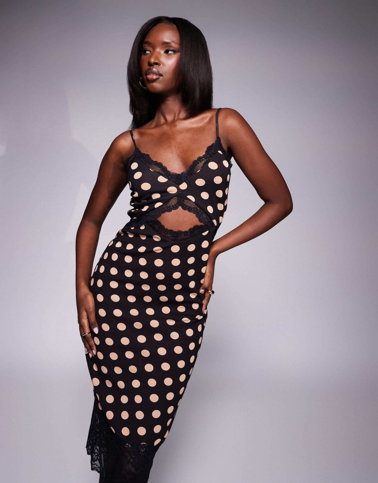 AFRM Josestte midi dress with lace trim detail in almond polka dot print - ASOS Sample Sale EU Store