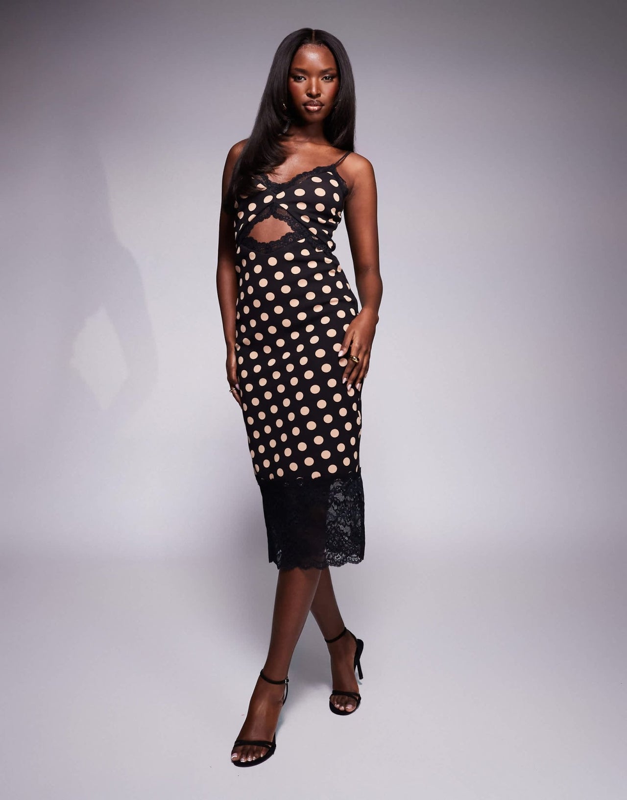 AFRM Josestte midi dress with lace trim detail in almond polka dot print - ASOS Sample Sale EU Store