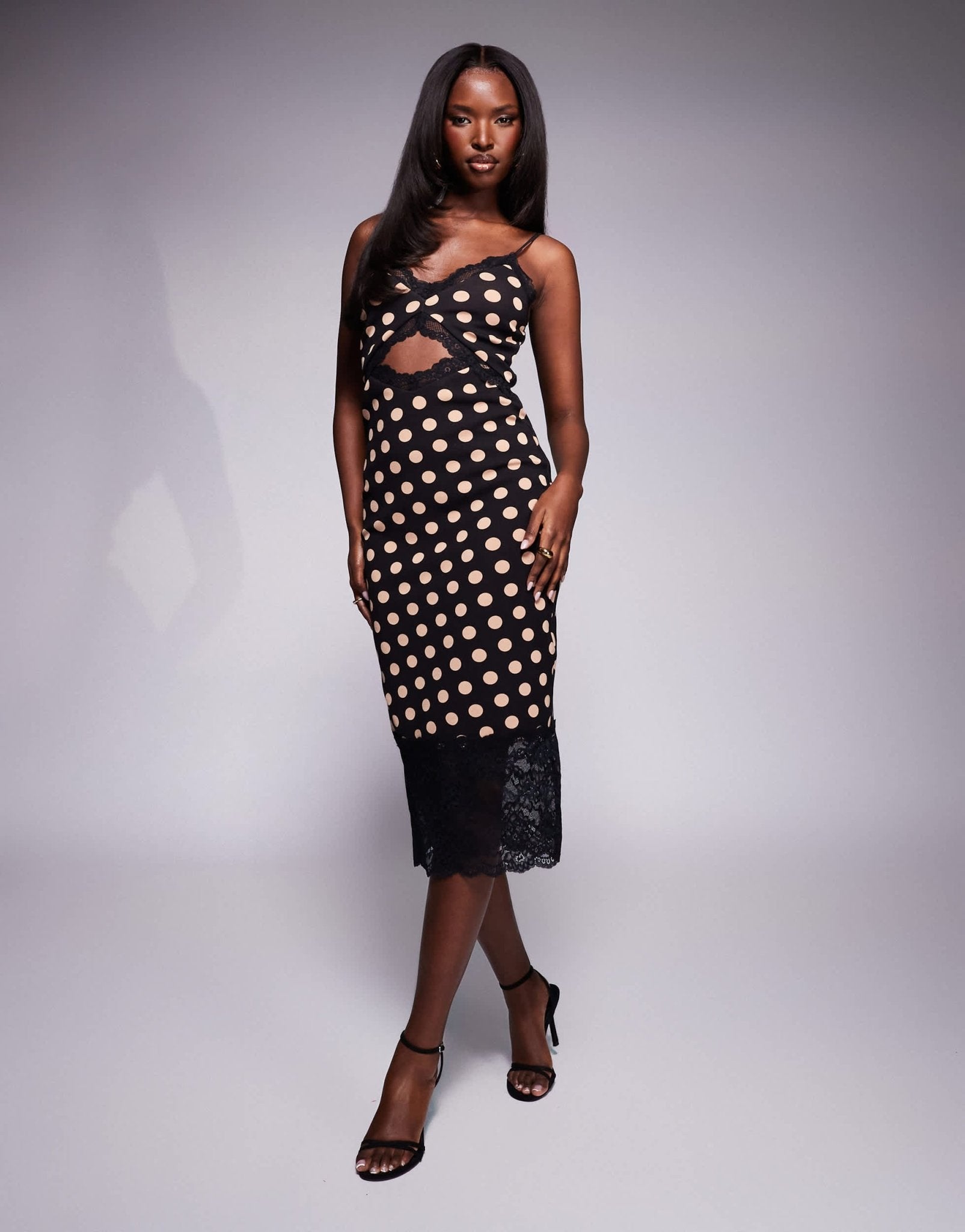AFRM Josestte midi dress with lace trim detail in almond polka dot print - ASOS Sample Sale EU Store