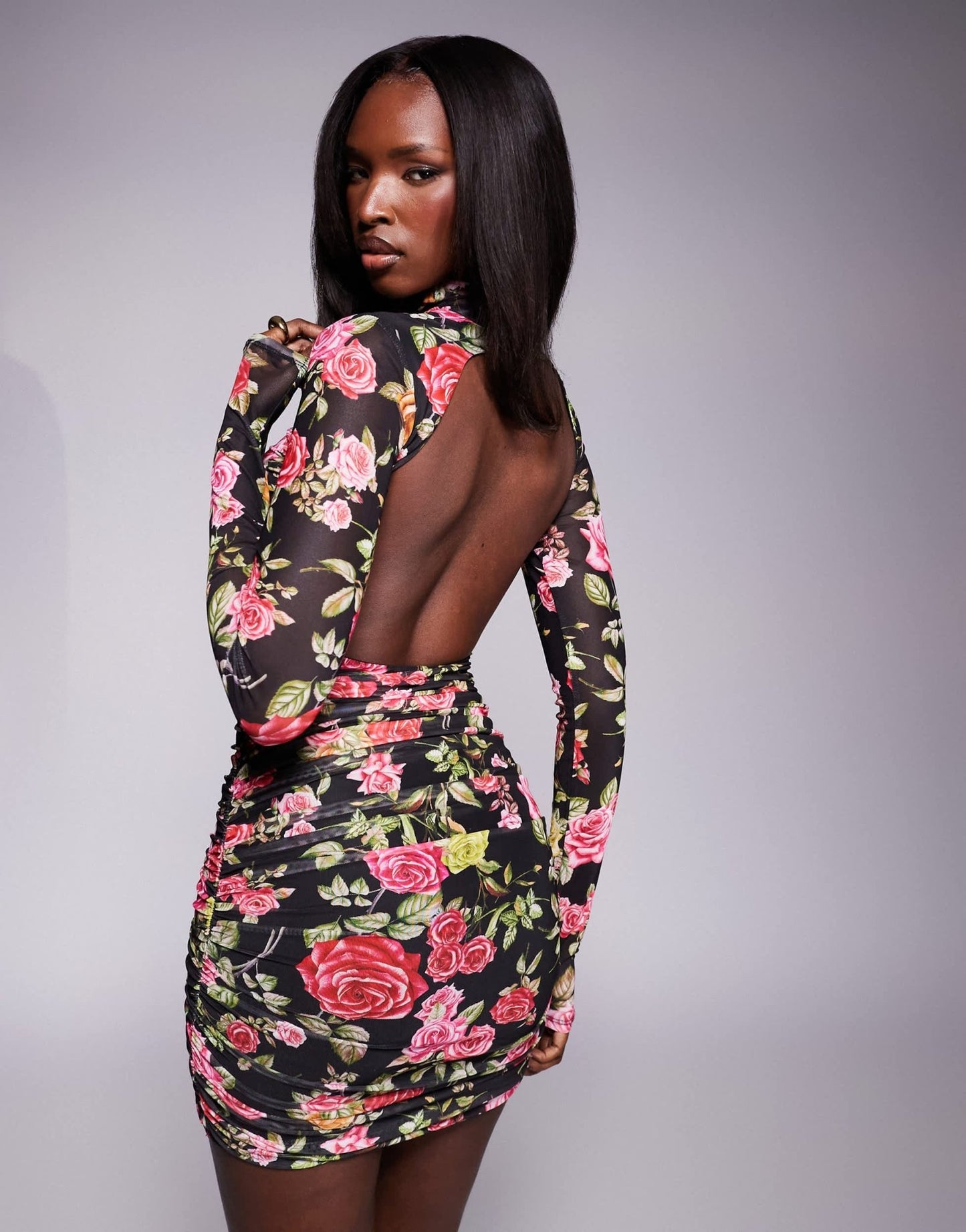 AFRM Lavina long sleeve backless mini dress in wallpaper rose print - ASOS Sample Sale EU Store