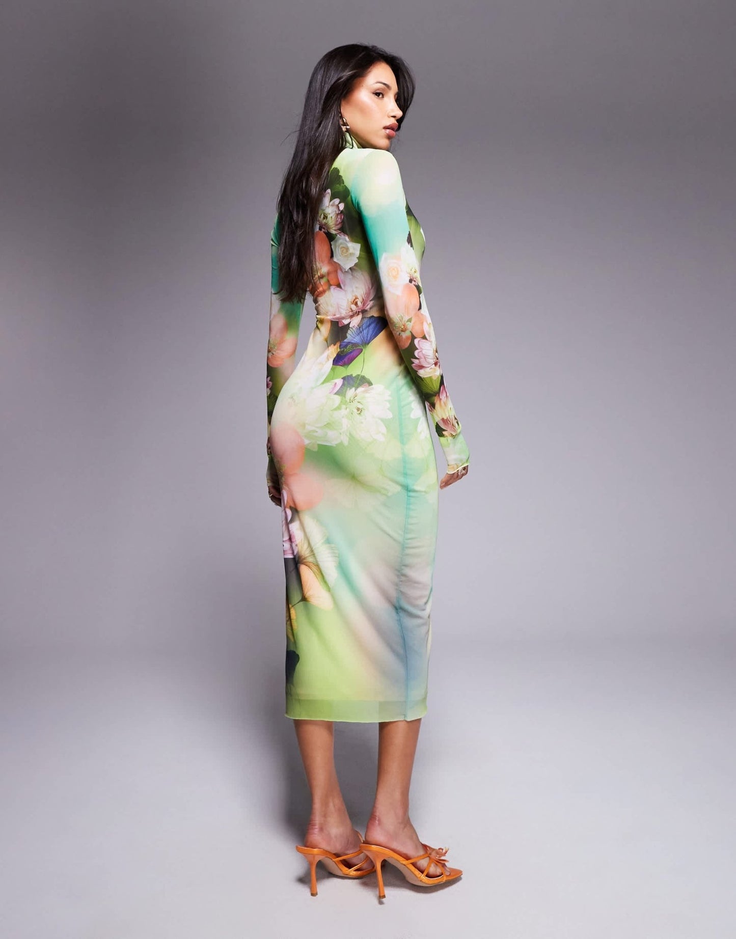 AFRM long sleeve turtle neck midi dress in green floral - ASOS Sample Sale EU Store