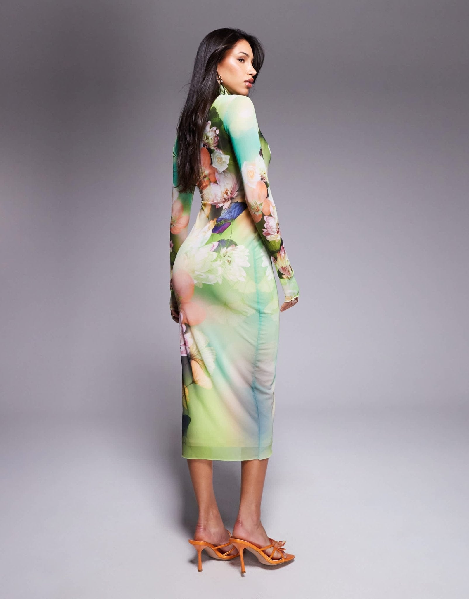 AFRM long sleeve turtle neck midi dress in green floral - ASOS Sample Sale EU Store