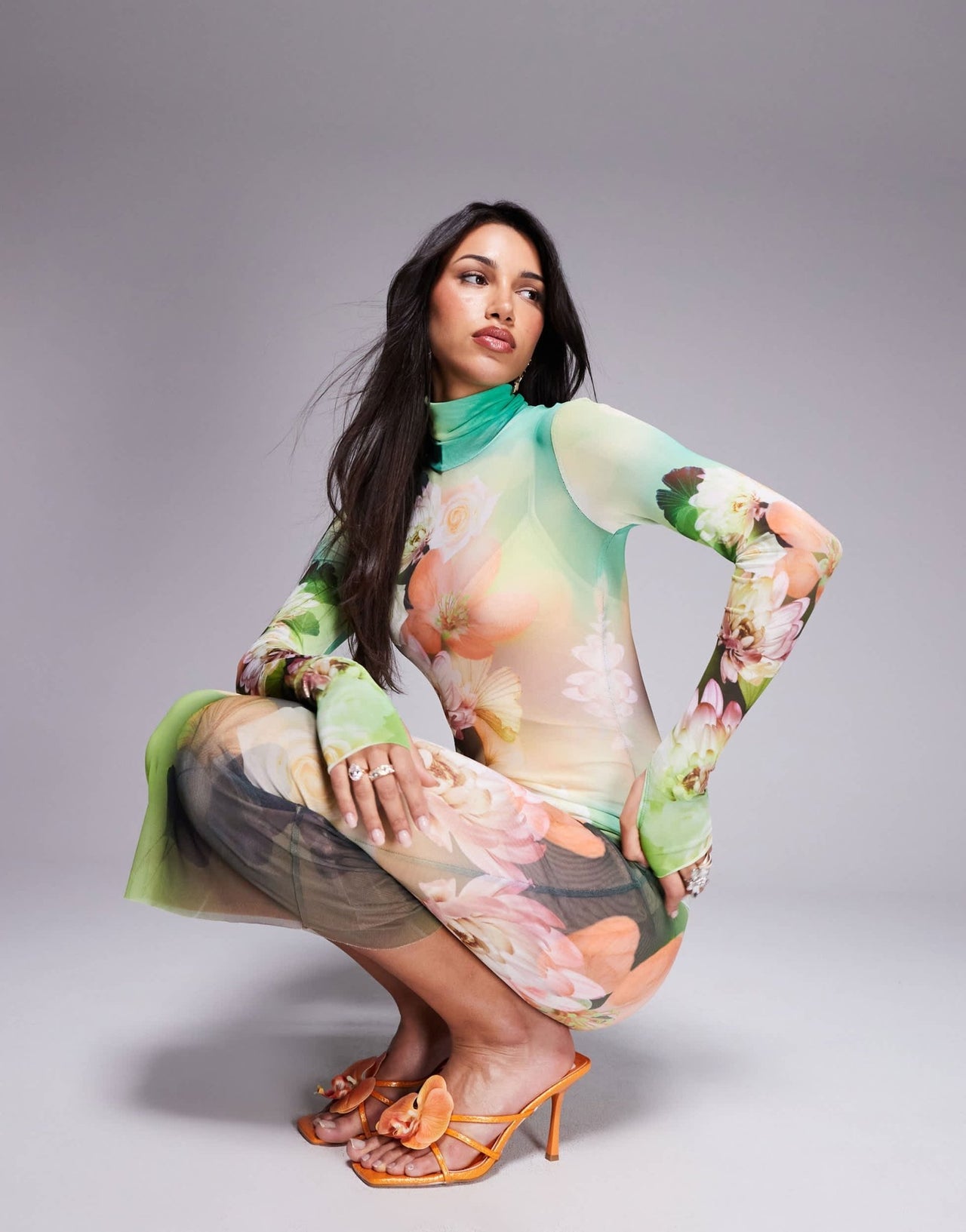 AFRM long sleeve turtle neck midi dress in green floral - ASOS Sample Sale EU Store