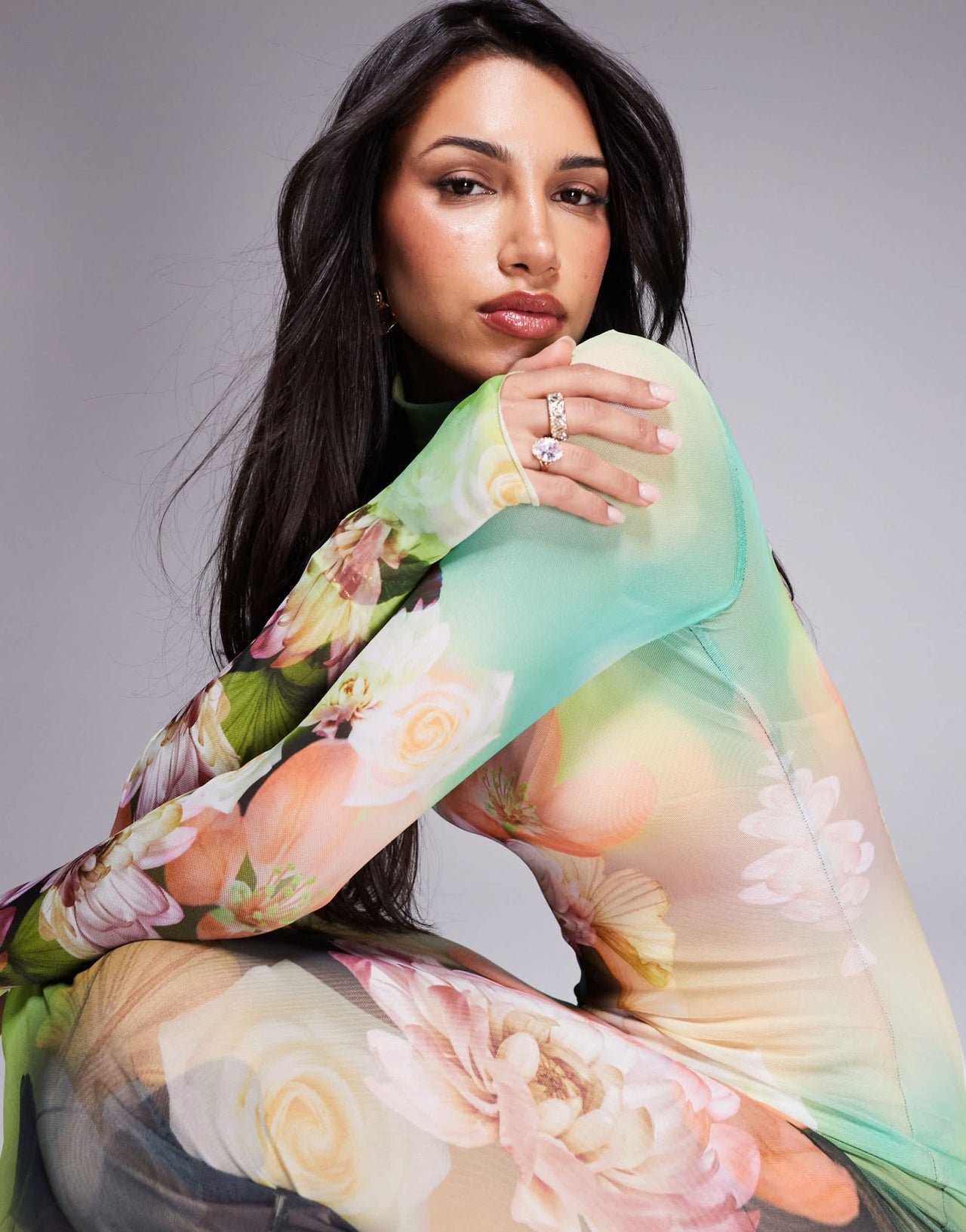 AFRM long sleeve turtle neck midi dress in green floral - ASOS Sample Sale EU Store