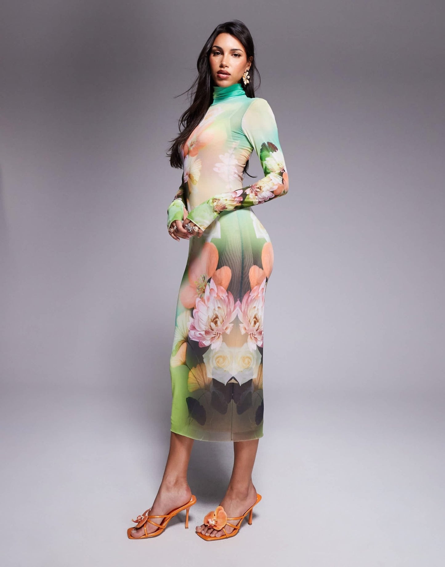 AFRM long sleeve turtle neck midi dress in green floral - ASOS Sample Sale EU Store