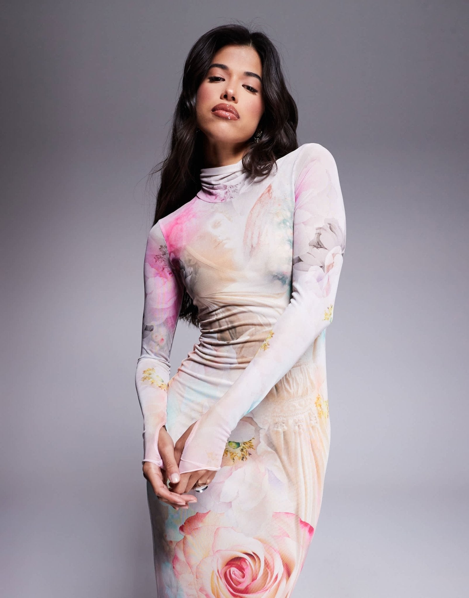 AFRM long sleeve turtleneck midi dress in pink floral - ASOS Sample Sale EU Store