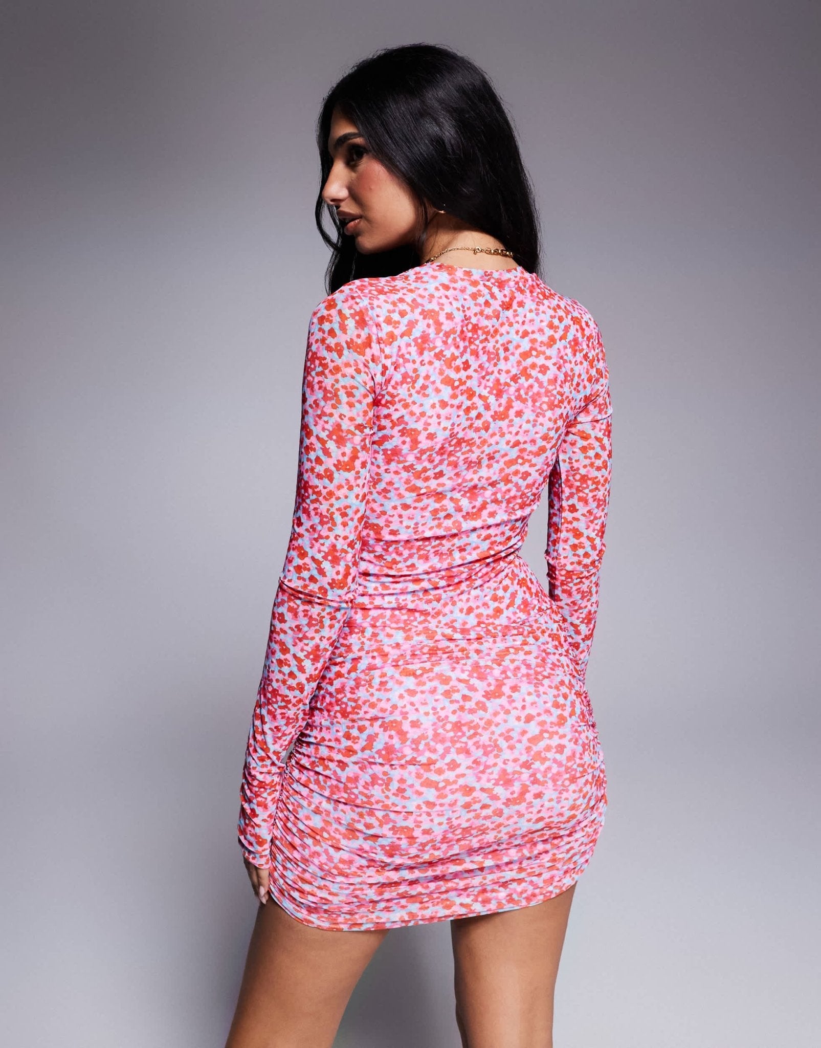 AFRM mirza long sleeve asymmetrical ruched mini dress in red and pink - ASOS Sample Sale EU Store
