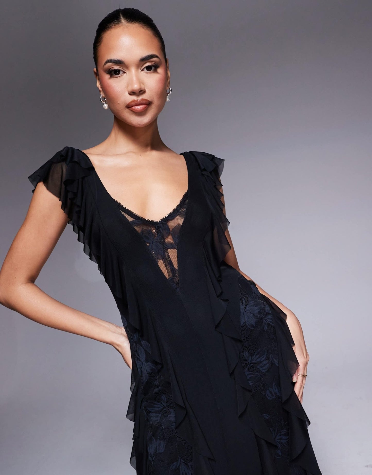 AFRM Trista mesh ruffle maxi dress with lace panels in black - ASOS Sample Sale EU Store