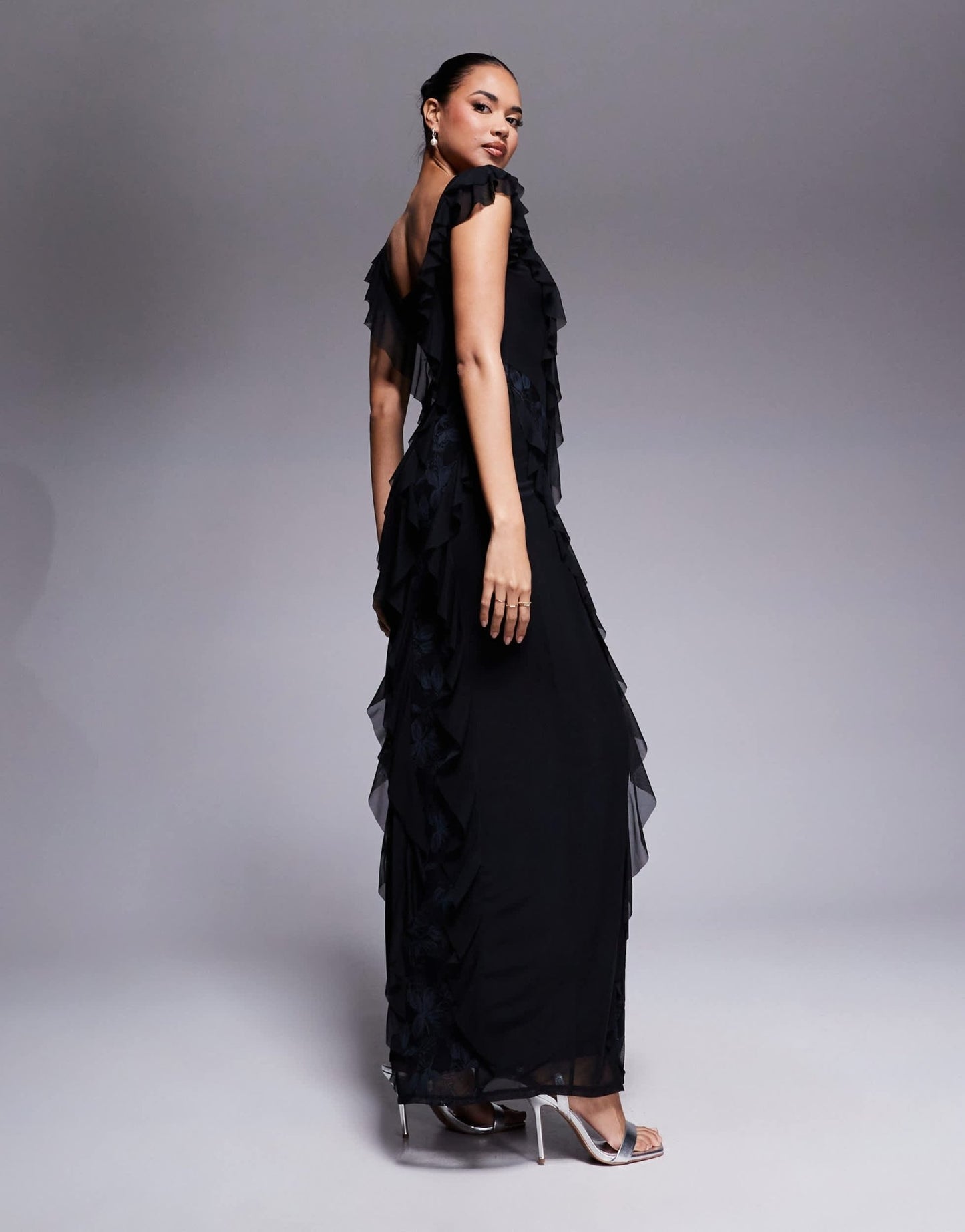 AFRM Trista mesh ruffle maxi dress with lace panels in black - ASOS Sample Sale EU Store