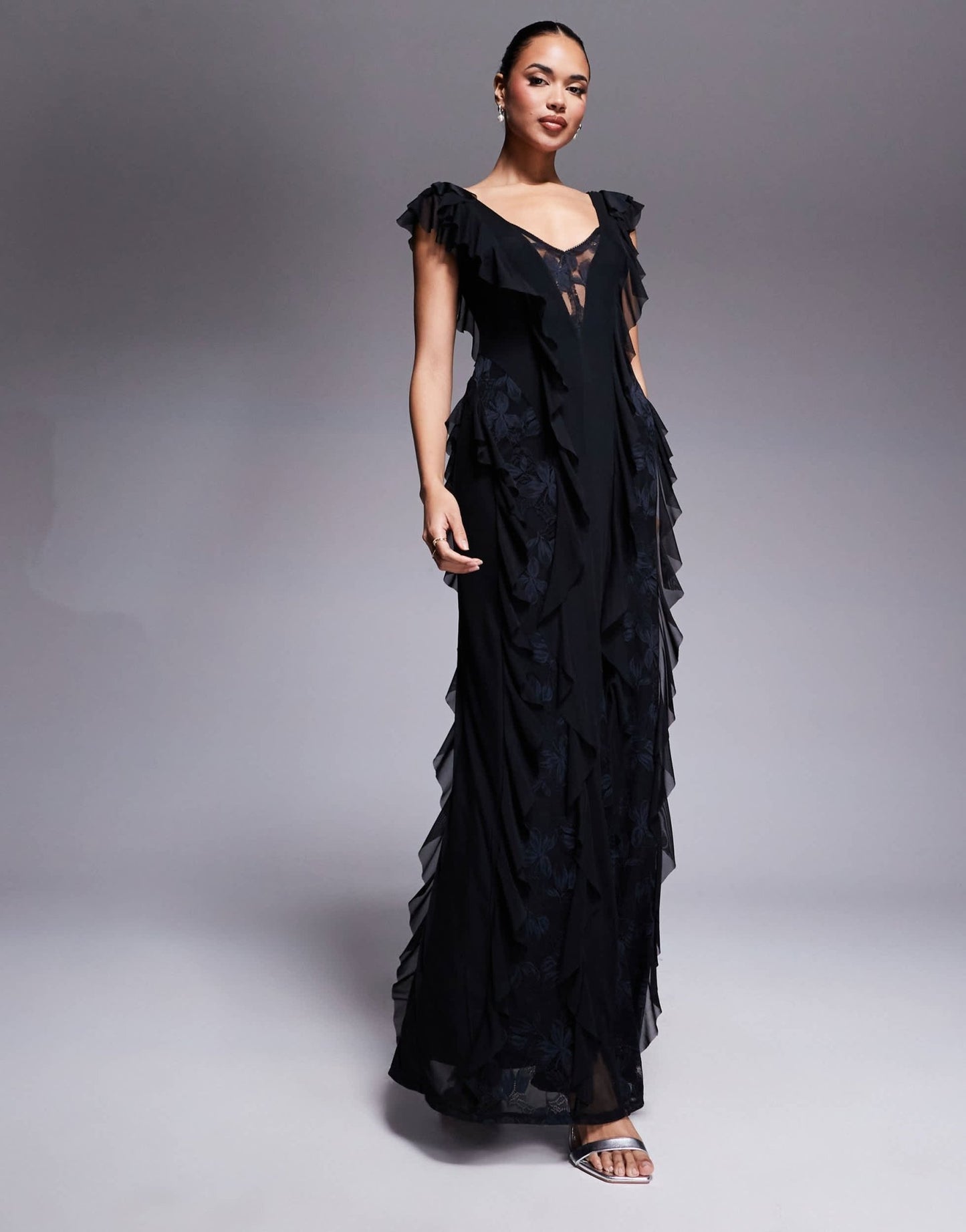 AFRM Trista mesh ruffle maxi dress with lace panels in black - ASOS Sample Sale EU Store